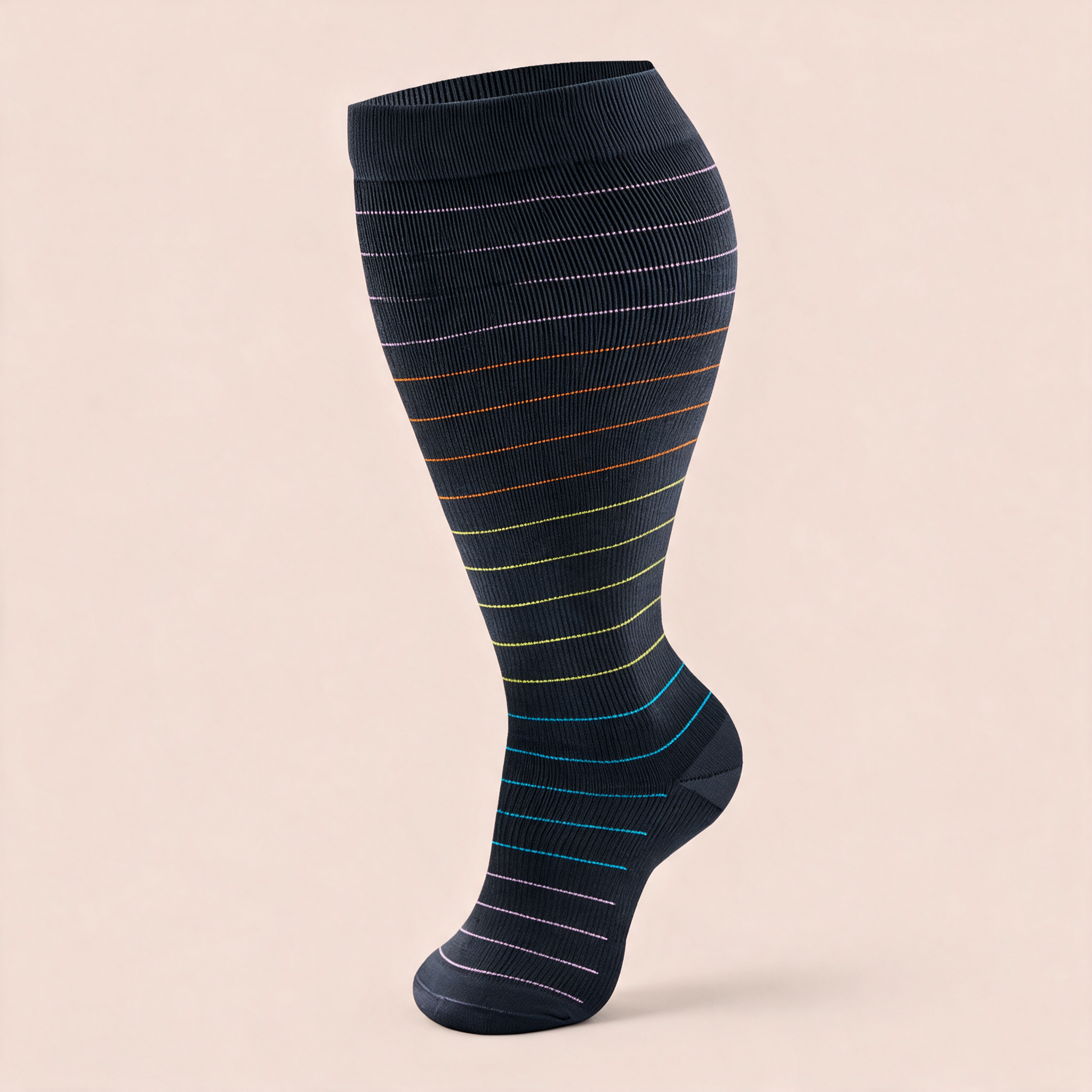 Clinical Compression – Wide Calf: Navy Rainbow Pinstripe compression sock