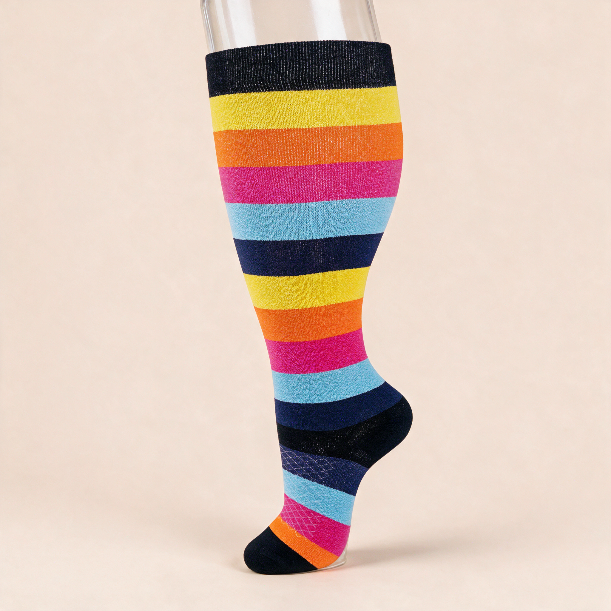 Clinical Compression – Wide Calf: Rainbow Stripe Navy compression sock