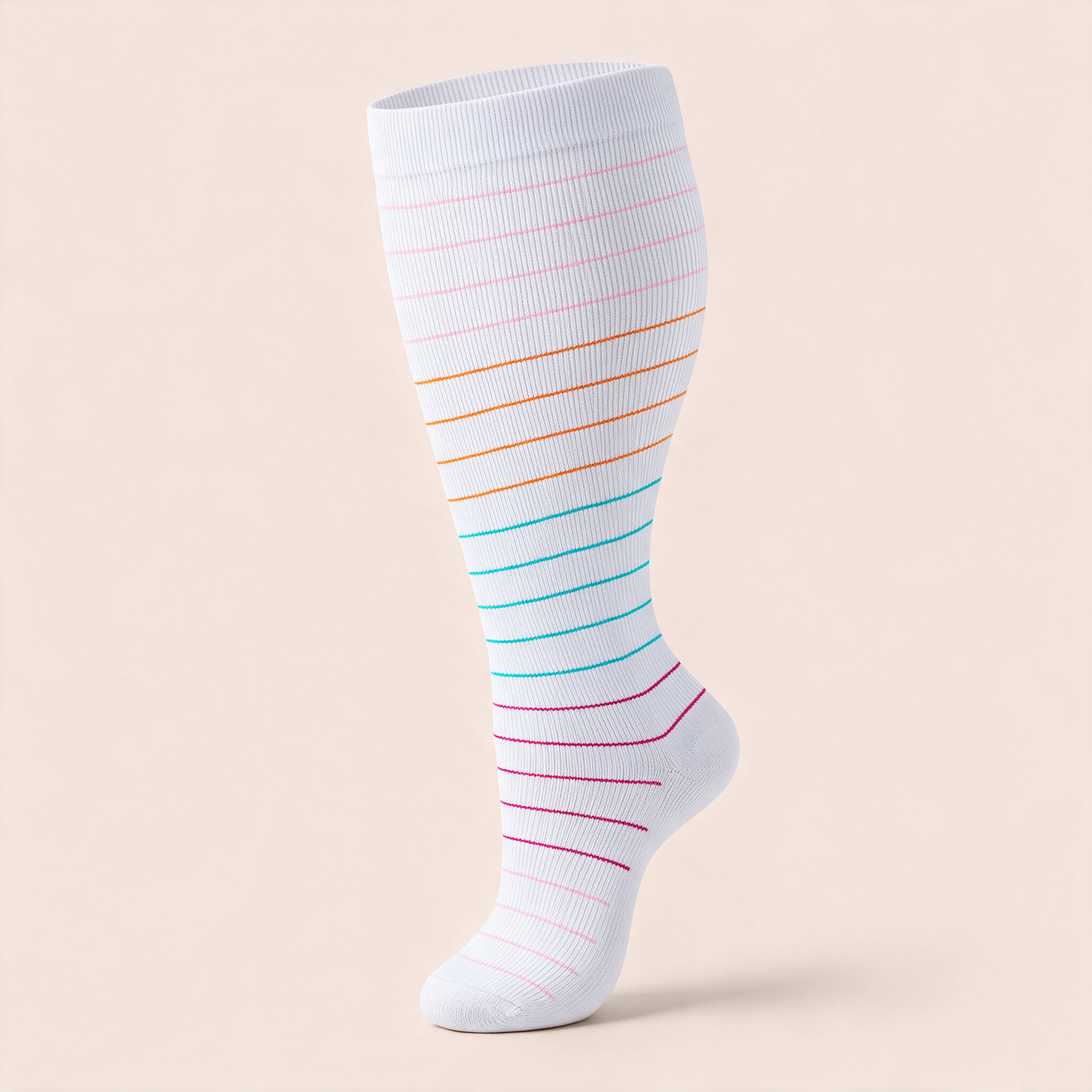 Clinical Compression – Wide Calf: Rainbow Pinstripe White compression sock