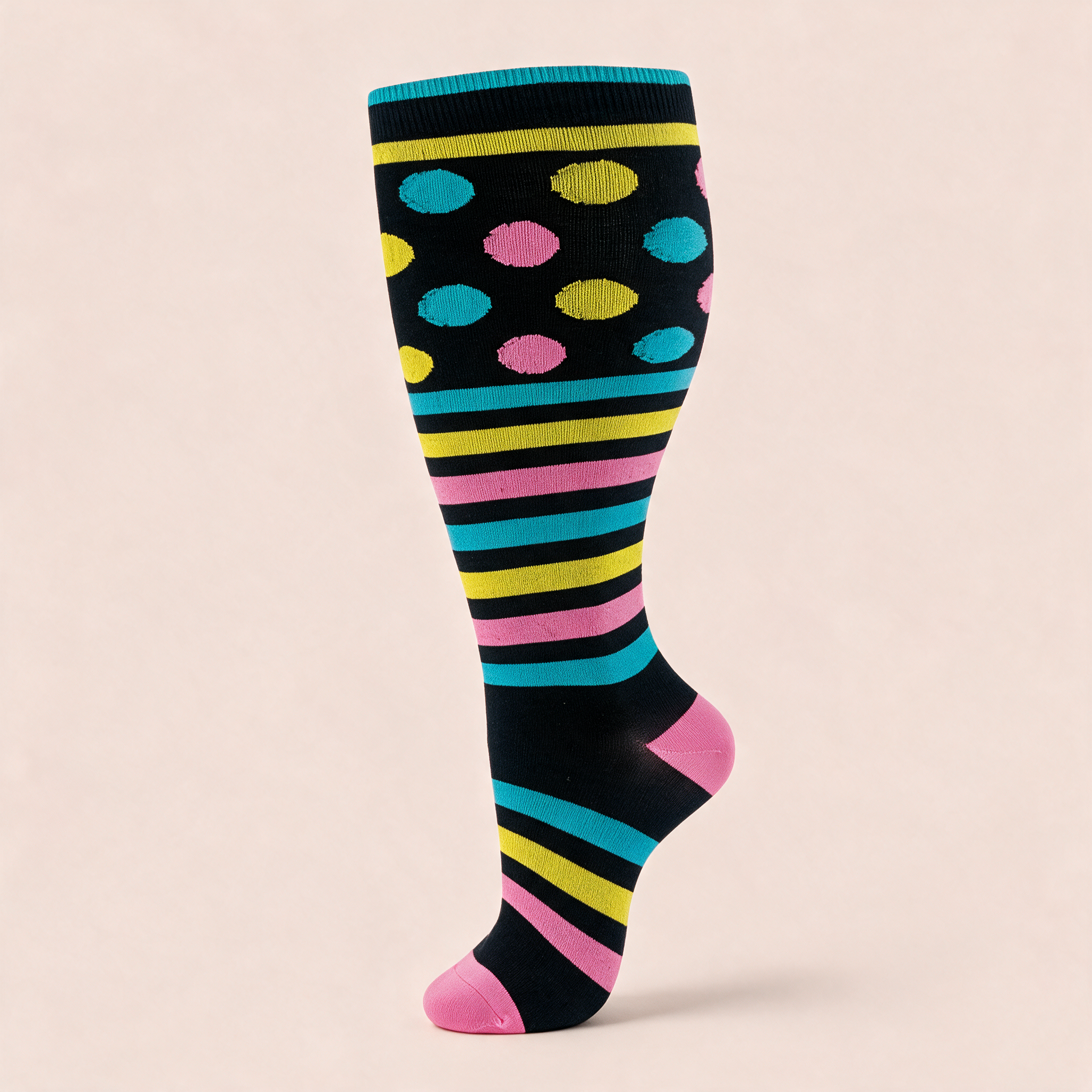 Clinical Compression – Wide Calf: Rainbow Dot Party compression sock