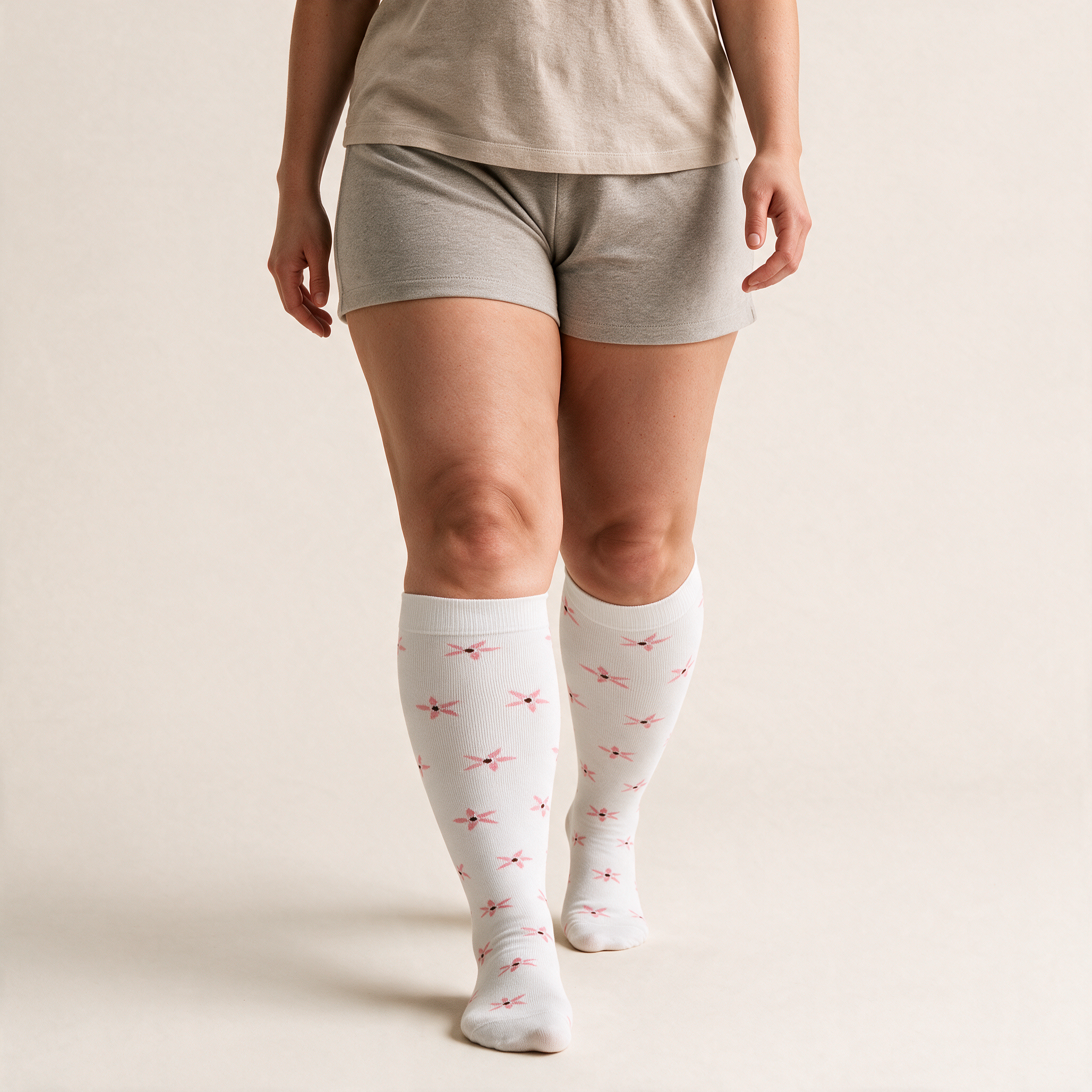 Clinical Compression – Wide Calf: Flamingo Fields compression sock worn on model