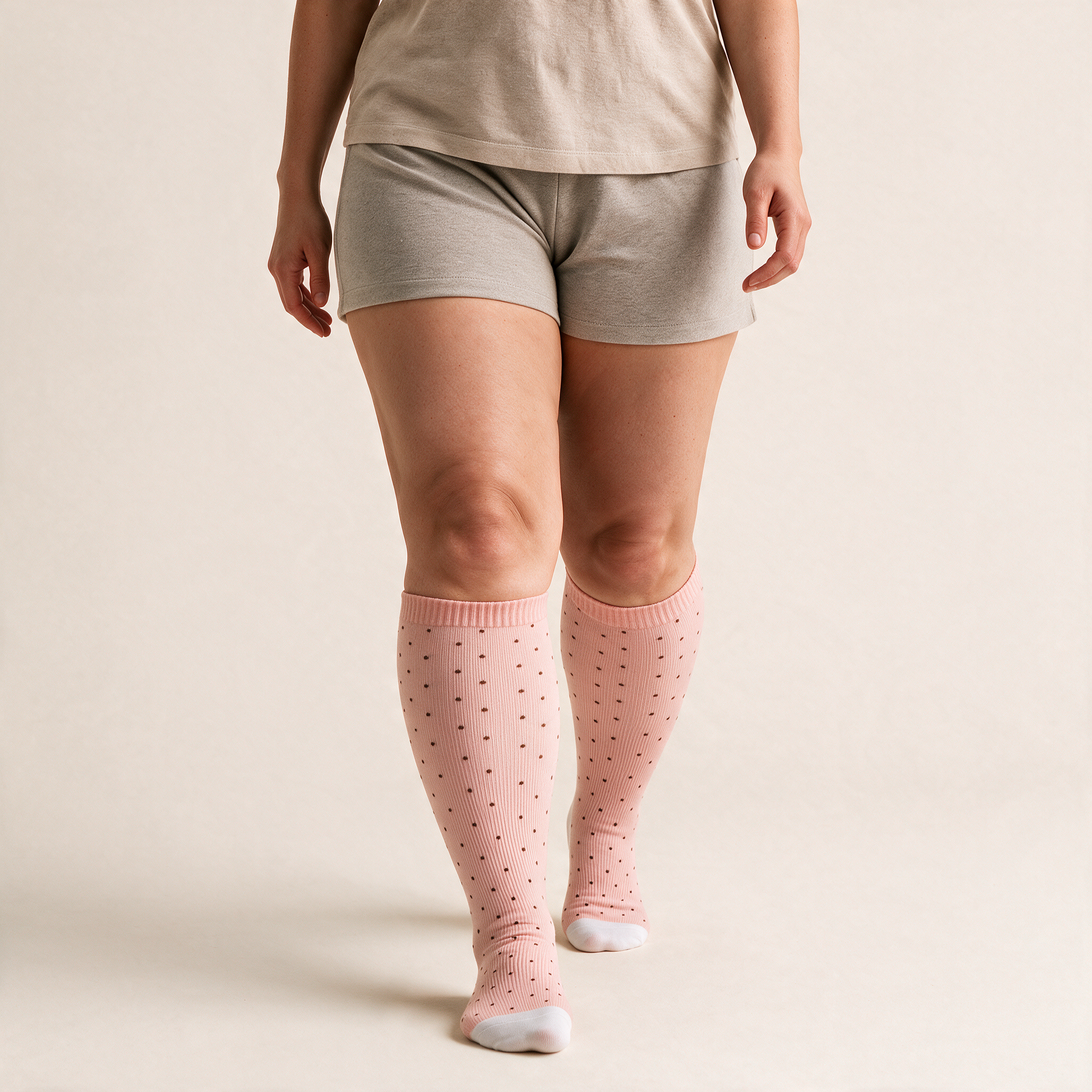 Clinical Compression – Wide Calf: Blush Dot compression sock worn on model