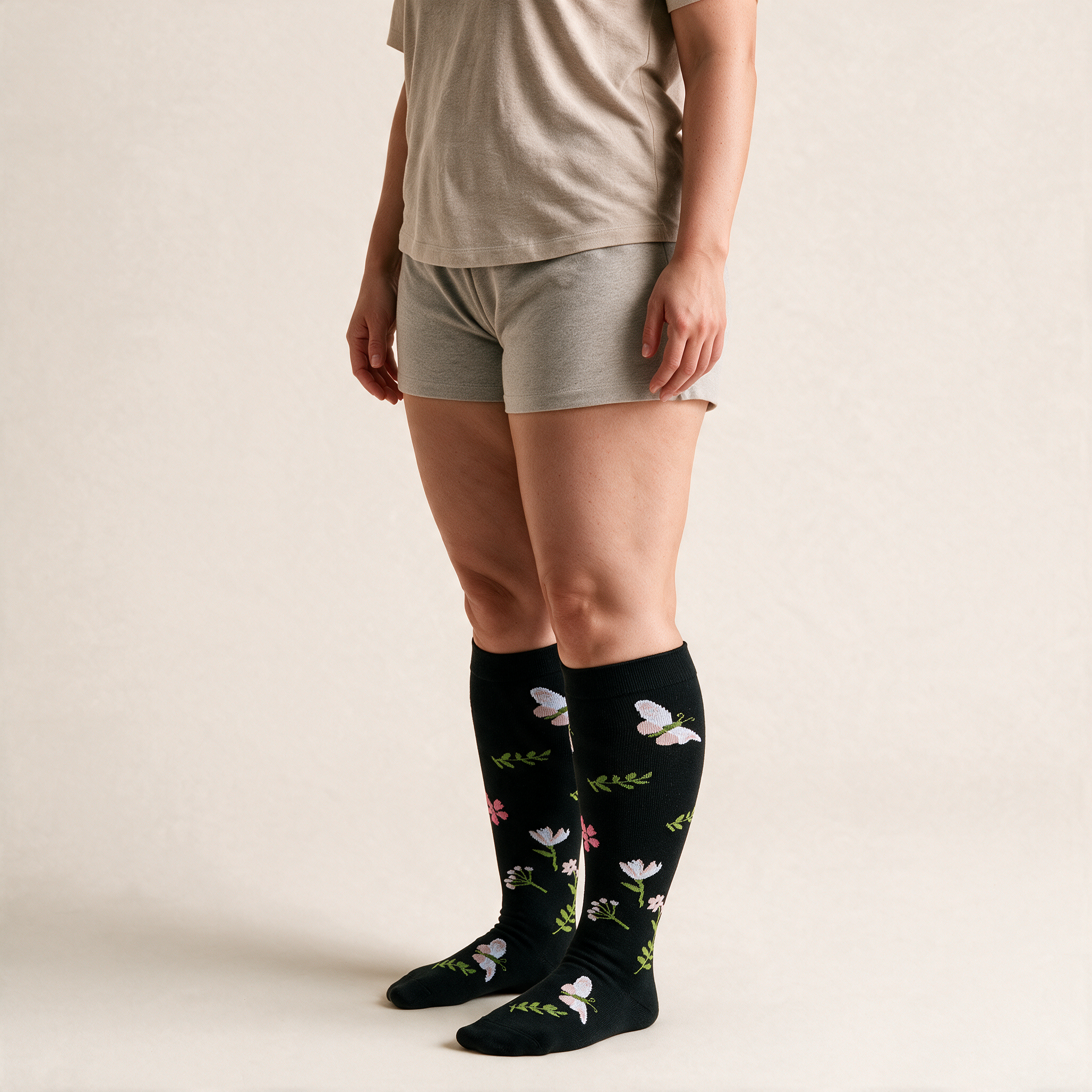 Clinical Compression – Wide Calf: Dove and Petals compression sock worn on model