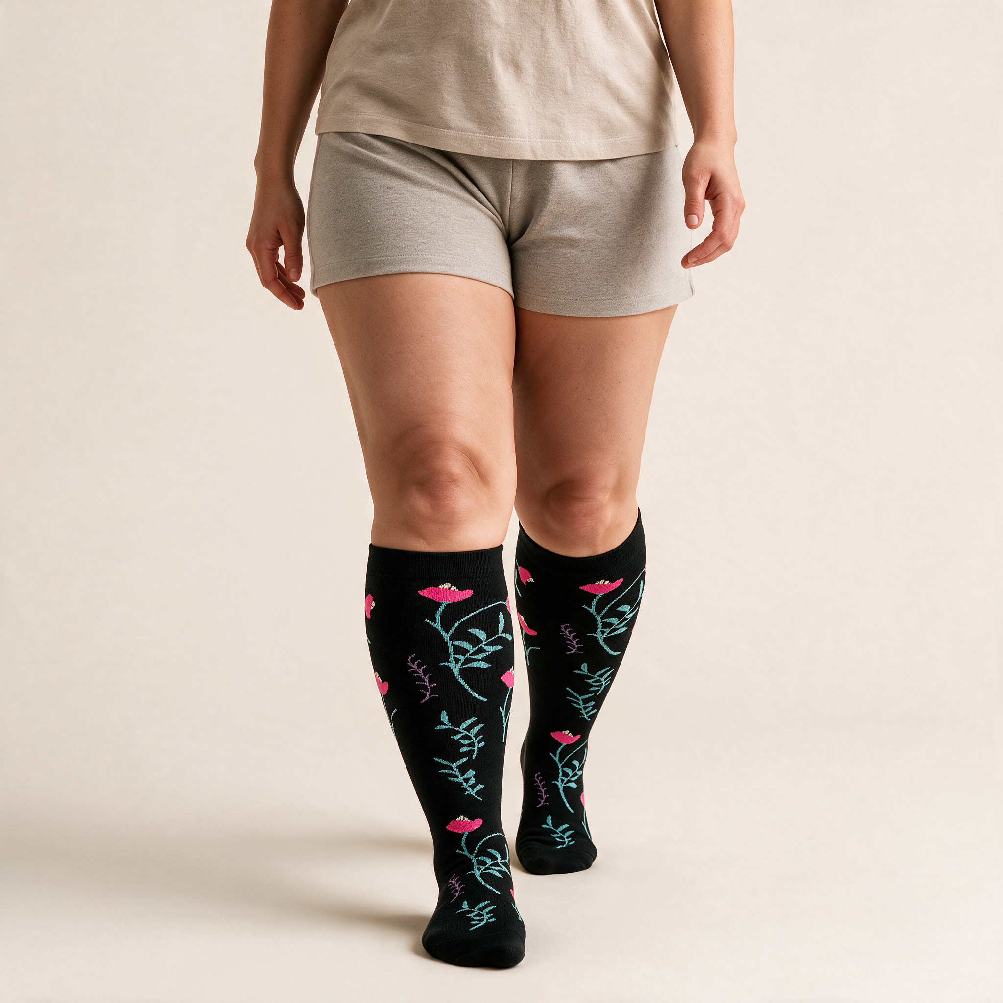 Clinical Compression – Wide Calf: Vine Bloom compression sock worn on model