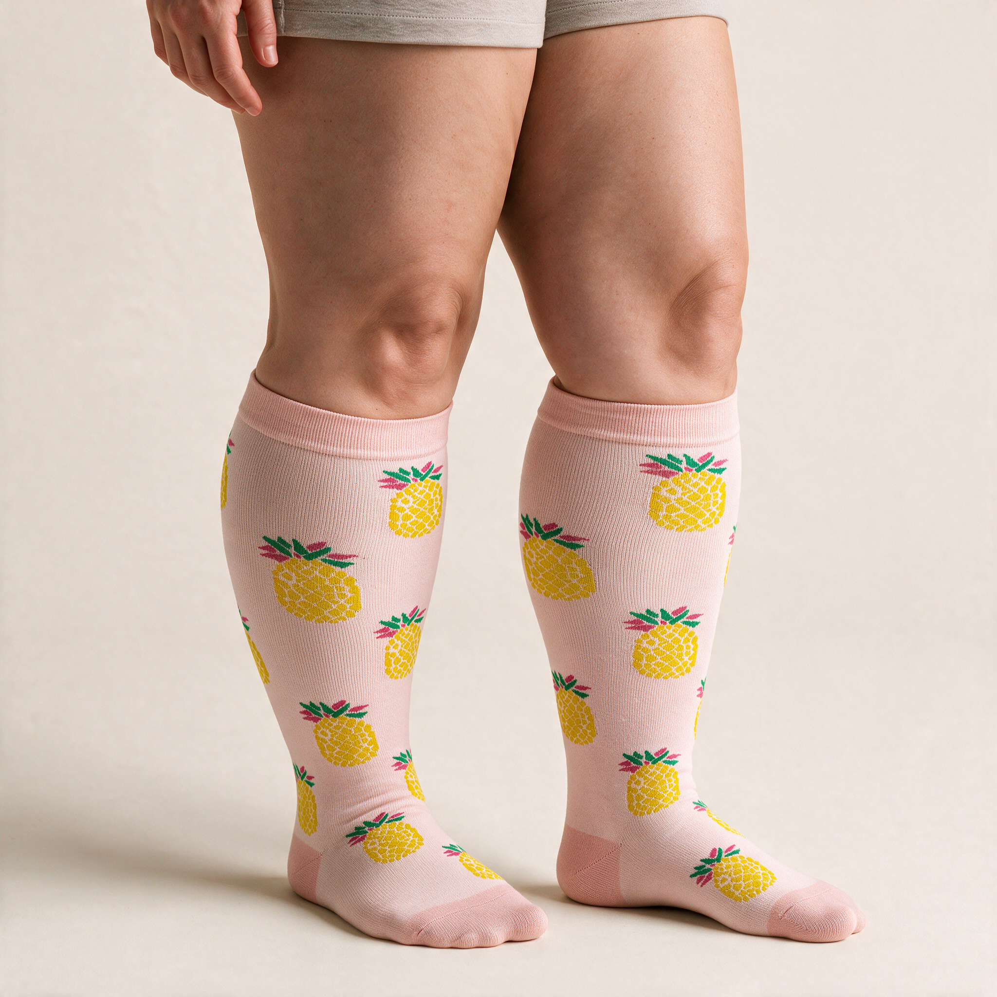 Clinical Compression – Wide Calf: Pineapple Party compression sock worn on model