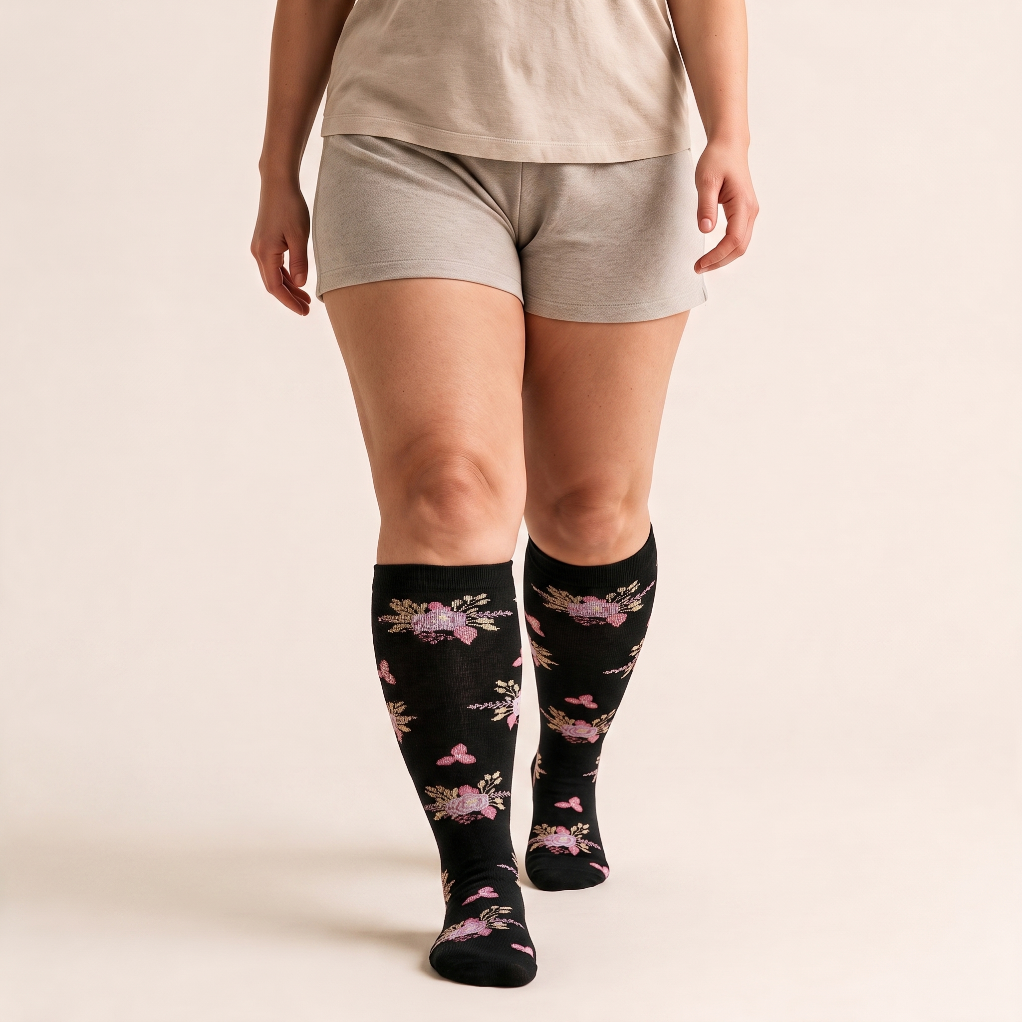 Clinical Compression – Wide Calf: Midnight Cherry Blossom compression sock worn on model