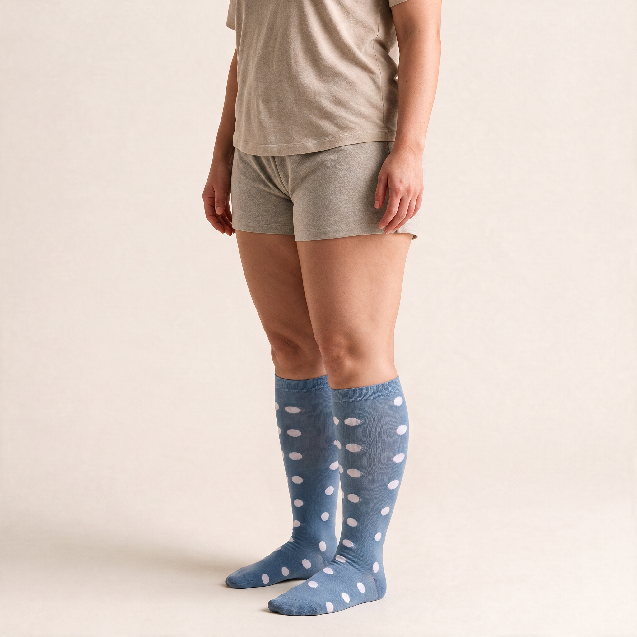 Clinical Compression – Wide Calf: Slate Dot compression sock worn on model