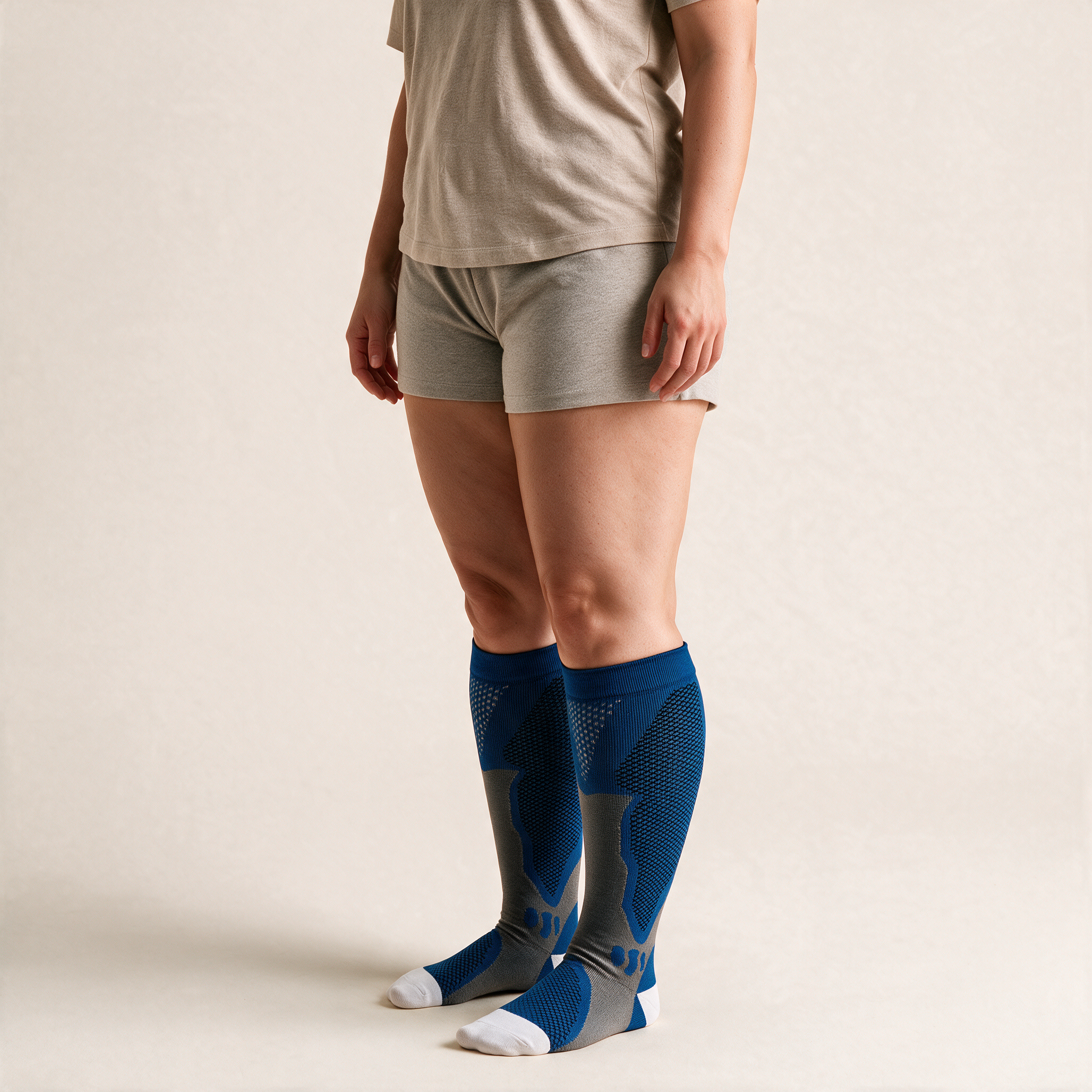 Clinical Compression – Wide Calf: Pixel Camo Blue compression sock worn on model