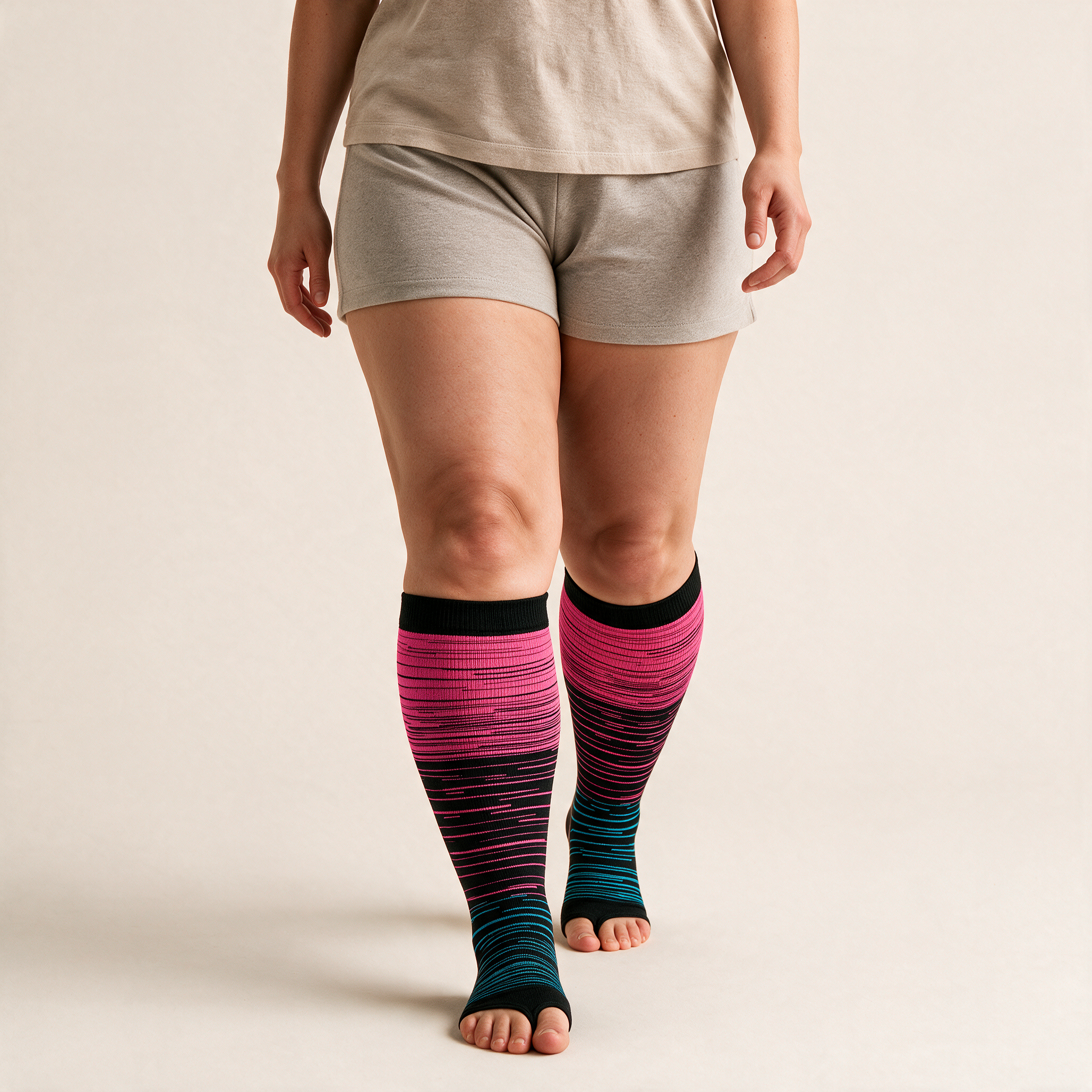 Clinical Compression – Wide Calf: Magenta Sunset compression sock worn on model