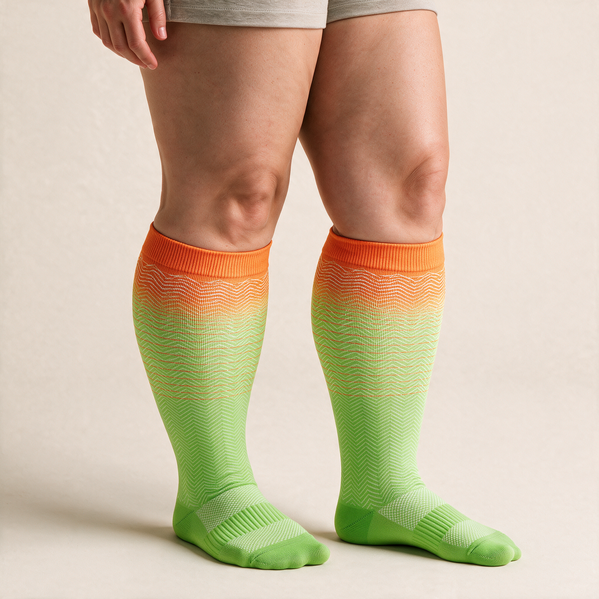 Clinical Compression – Wide Calf: Citrus Fade compression sock worn on model