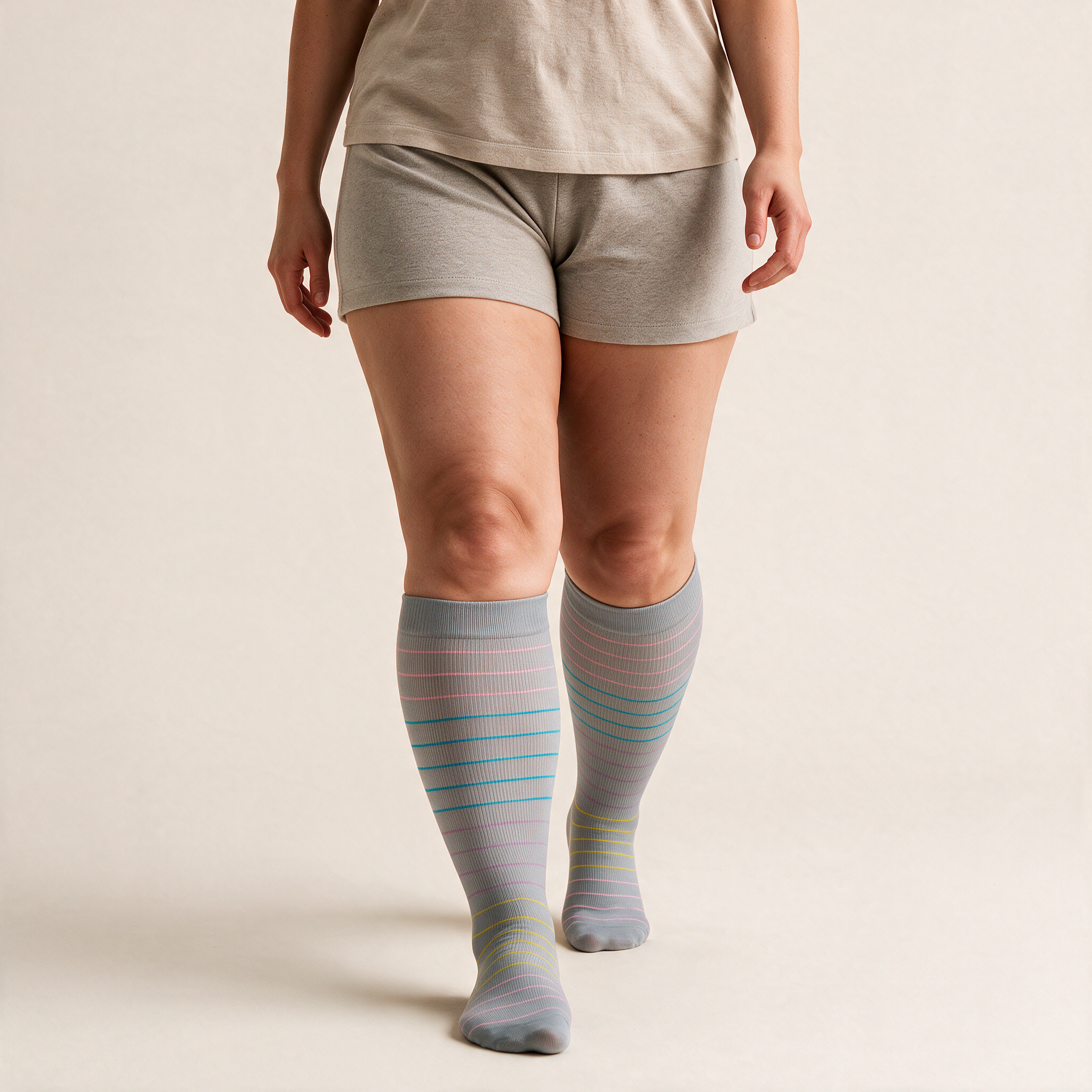 Clinical Compression – Wide Calf: Teal Pinstripe compression sock worn on model