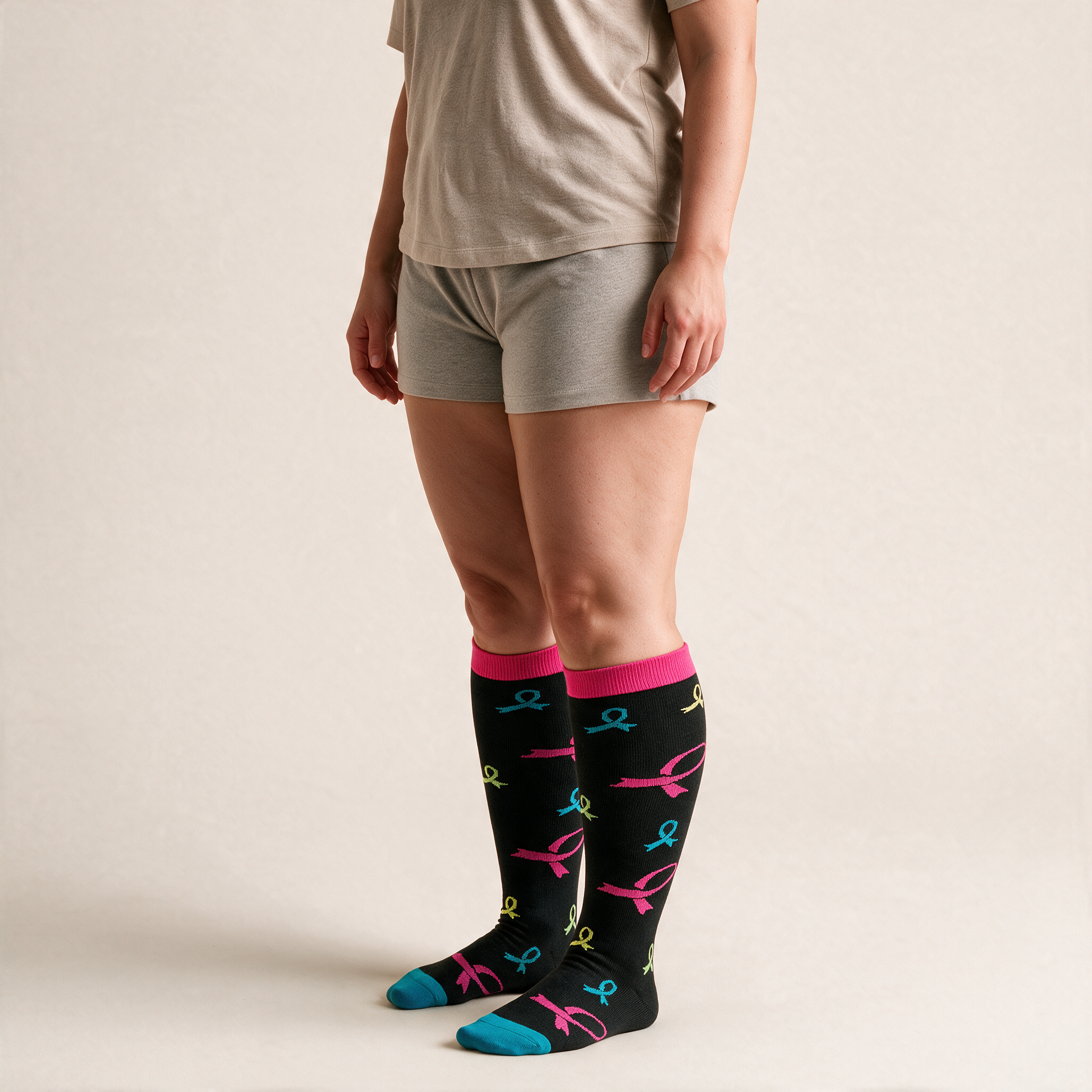 Clinical Compression – Wide Calf: Pink Ribbon Awareness compression sock worn on model