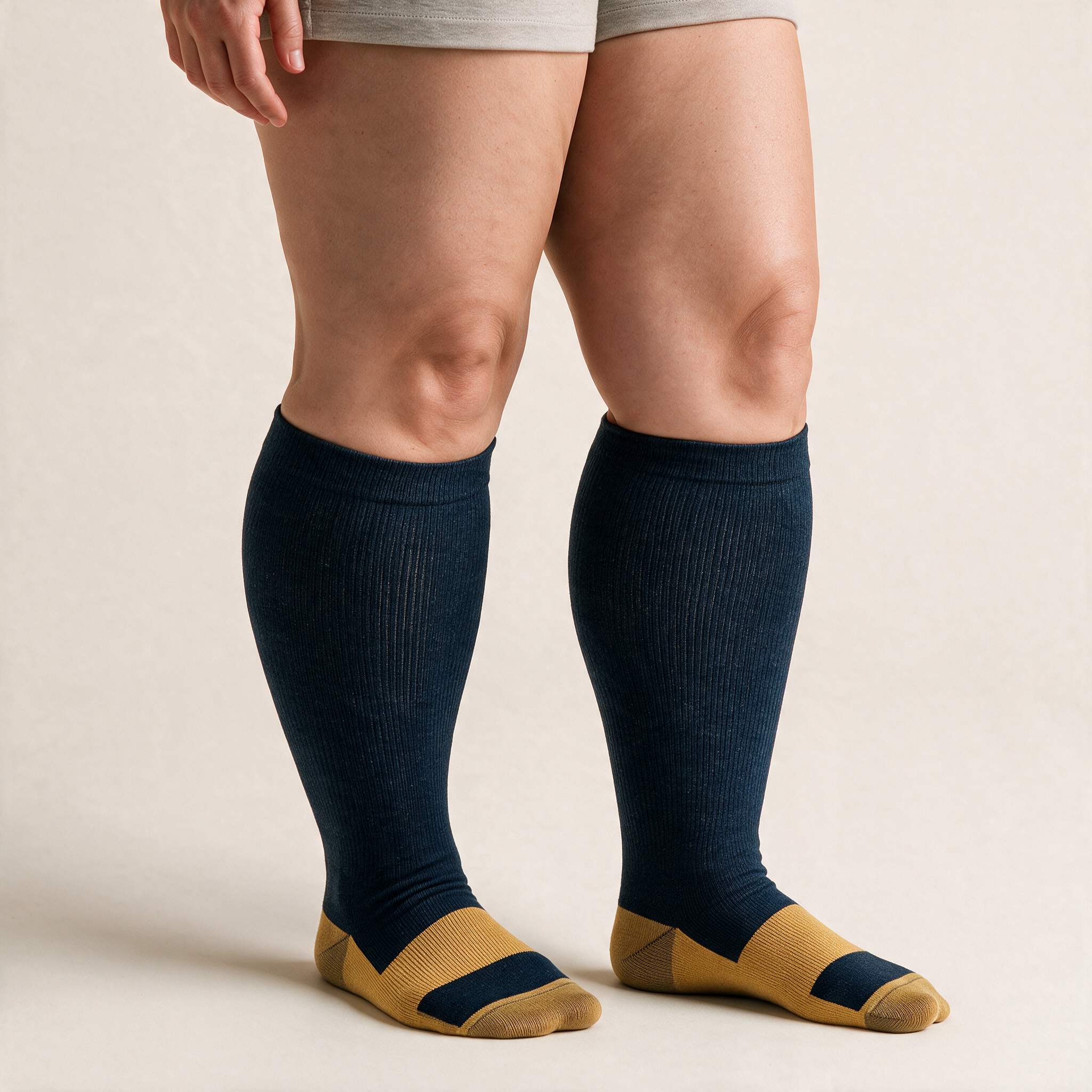 Clinical Compression – Wide Calf: Black Gold Toe compression sock worn on model