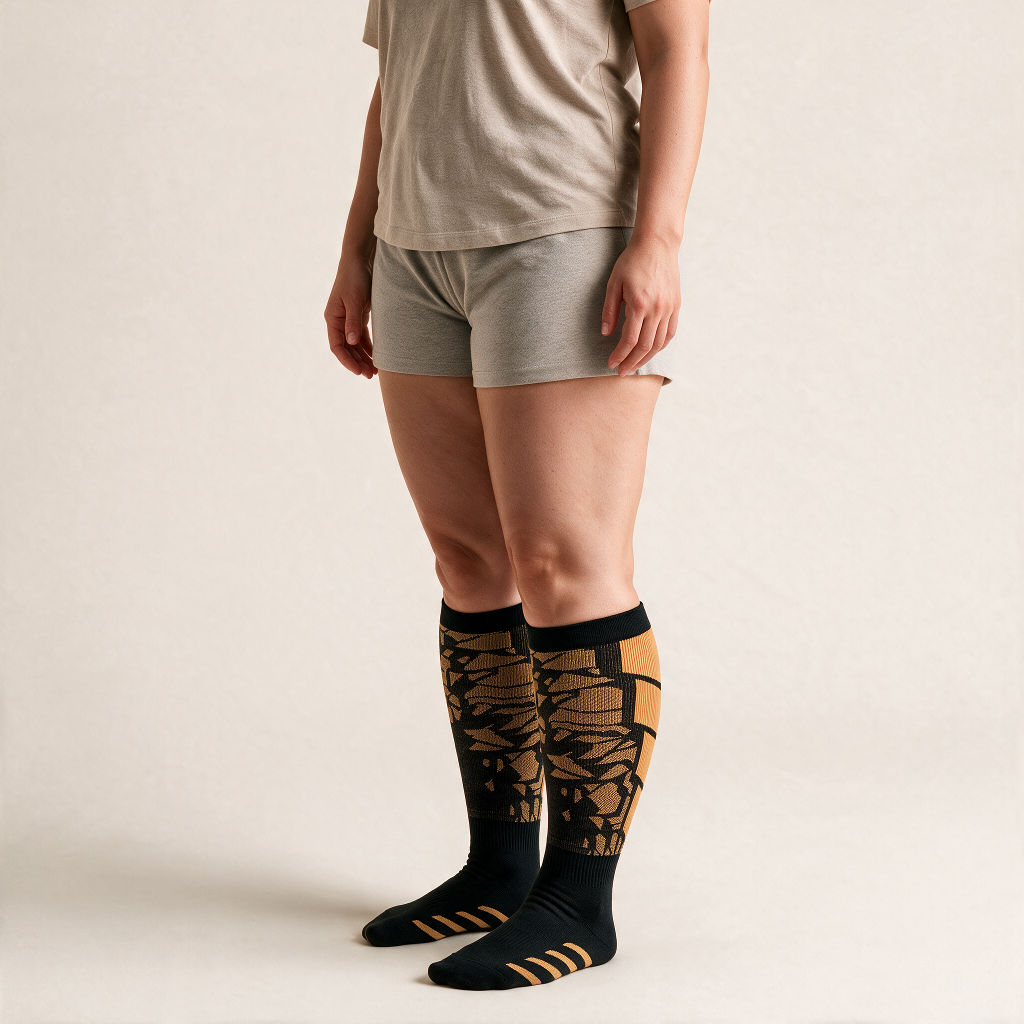Clinical Compression – Wide Calf: Tribal Amber compression sock worn on model