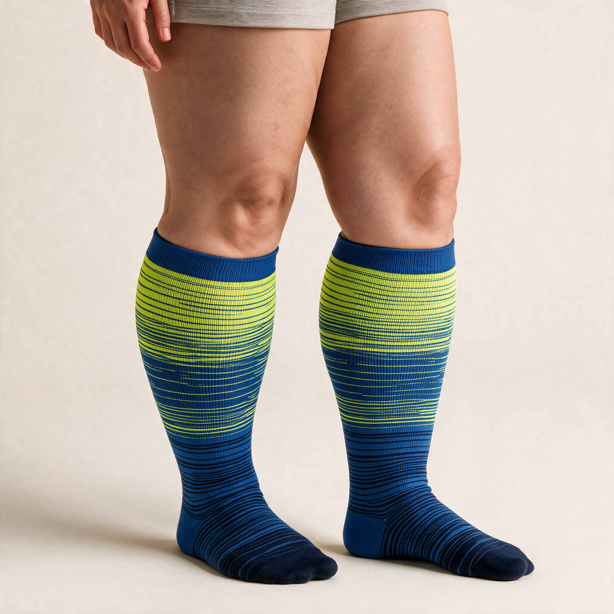 Clinical Compression – Wide Calf: Cobalt Diagonal compression sock worn on model