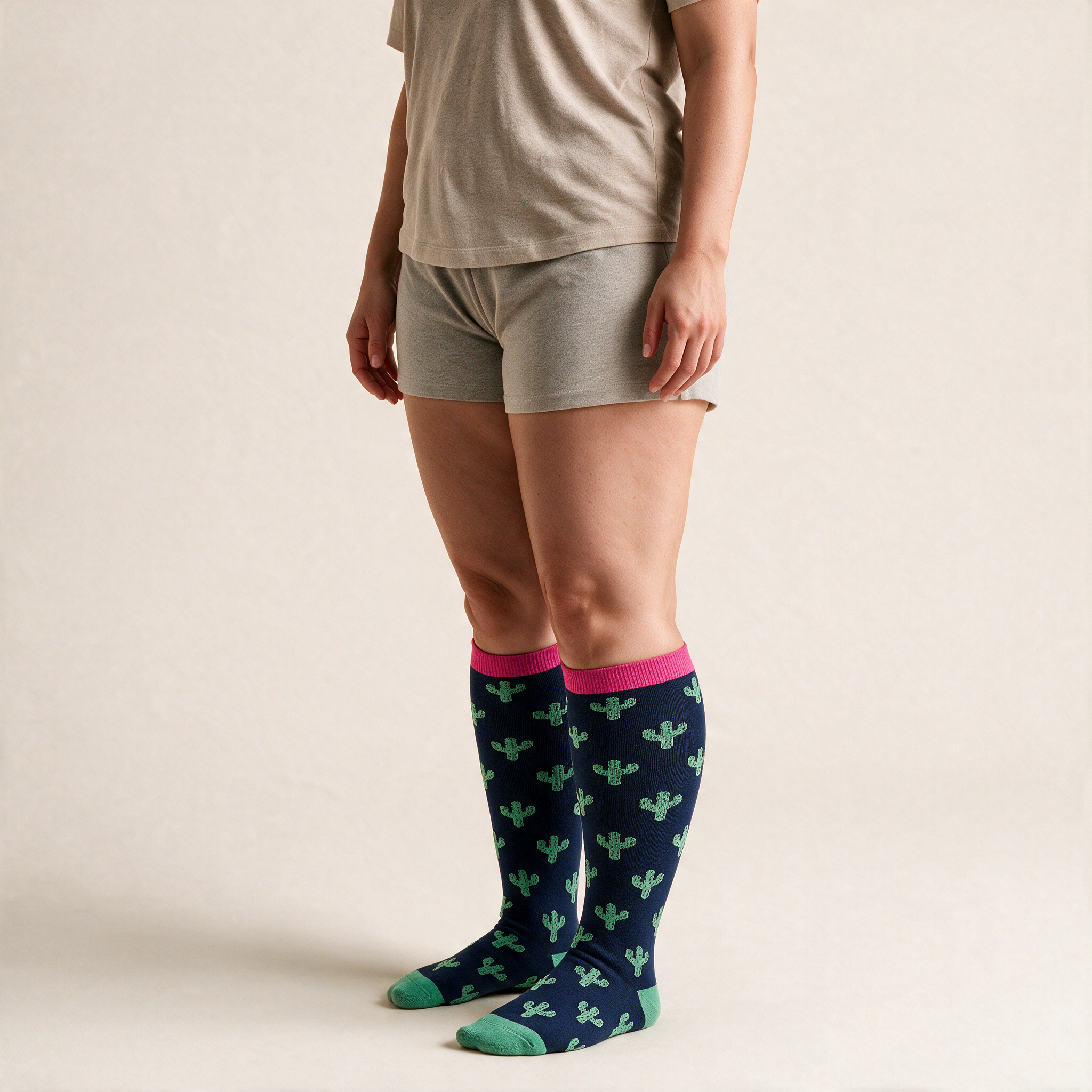Clinical Compression – Wide Calf: Cactus Bloom compression sock worn on model