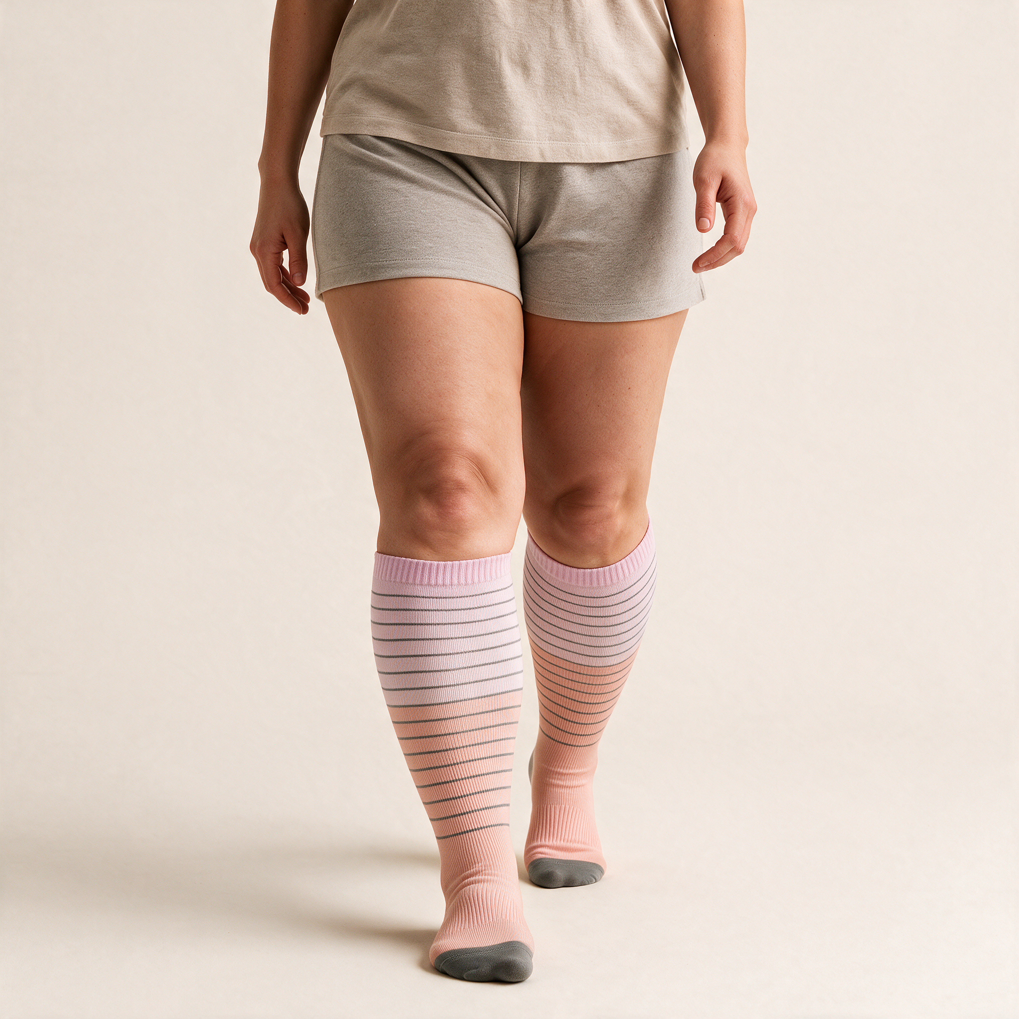 Clinical Compression – Wide Calf: Rosewood Pinstripe compression sock worn on model