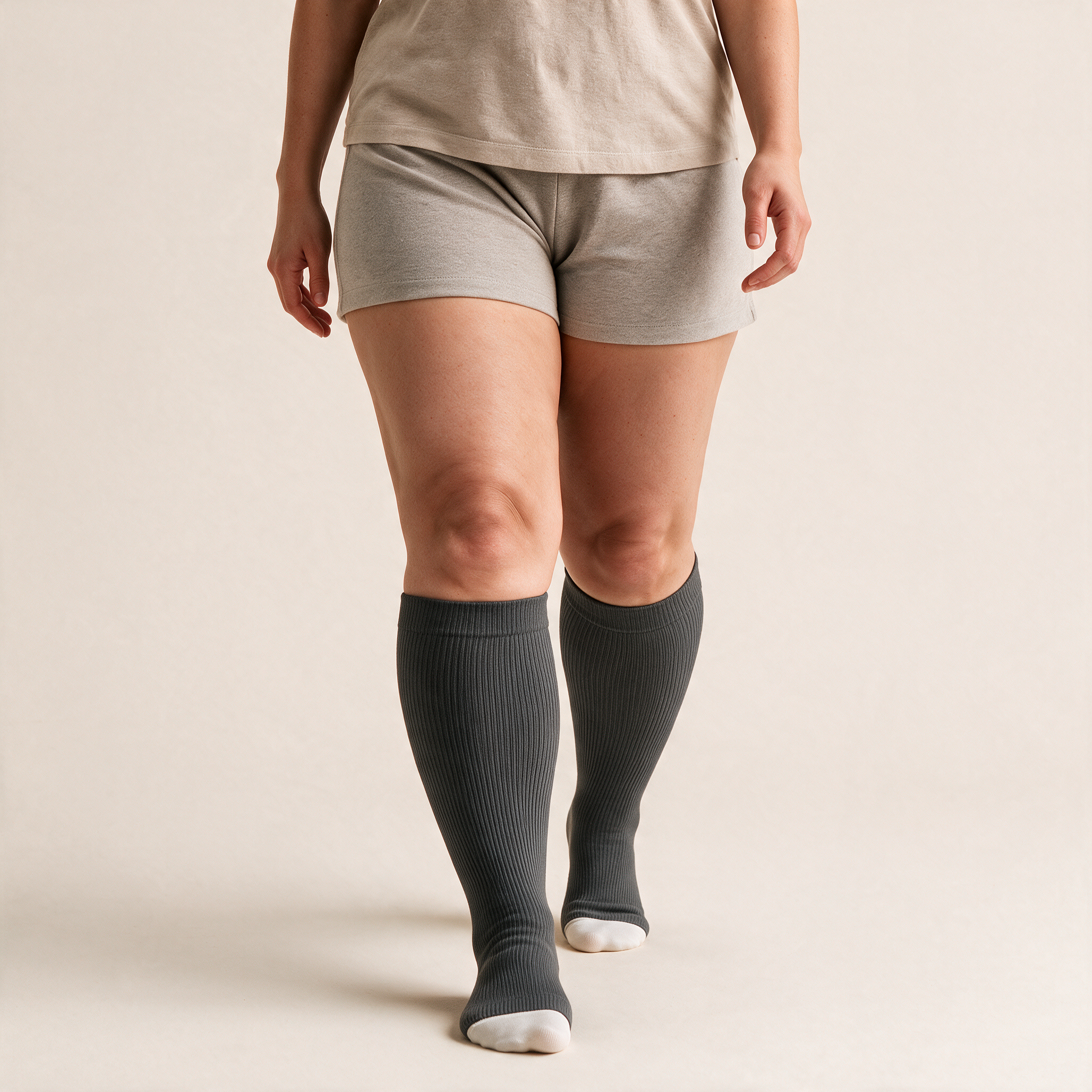 Clinical Compression – Wide Calf: Stone Grey compression sock worn on model