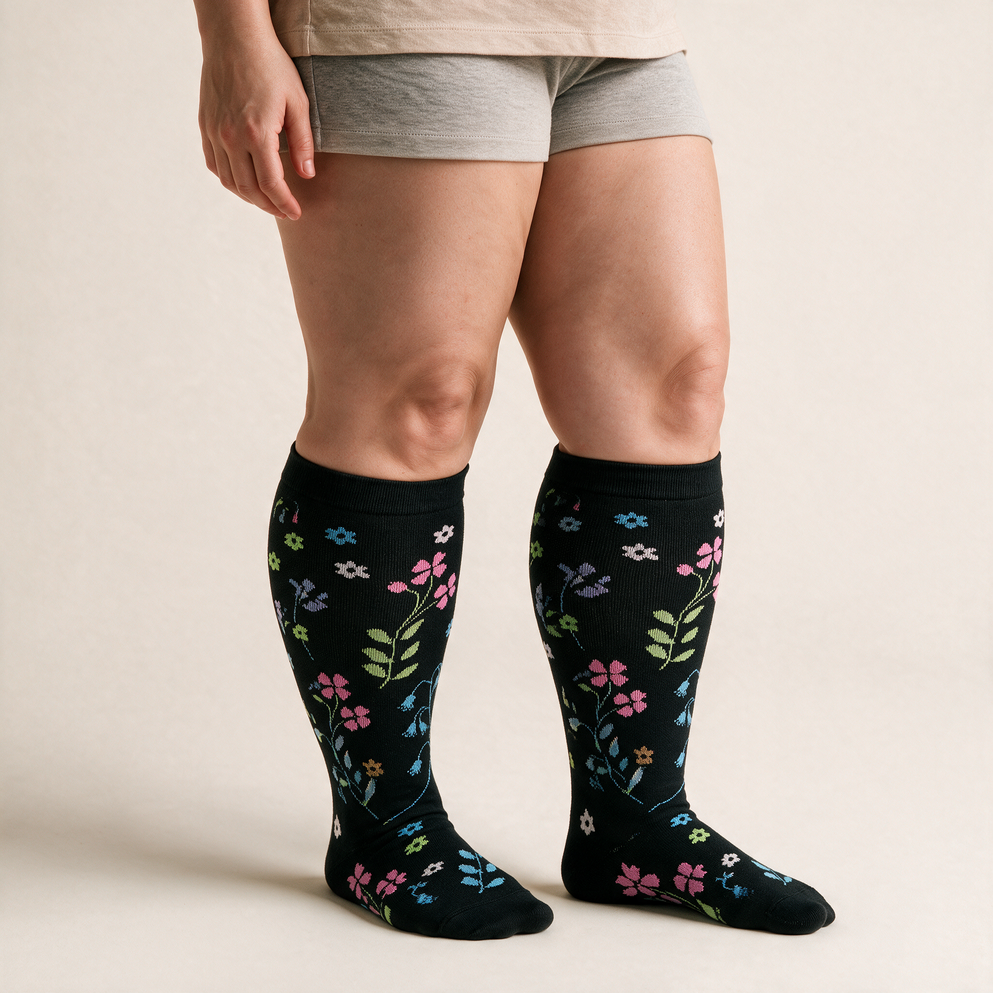 Clinical Compression – Wide Calf: Midnight Garden compression sock worn on model