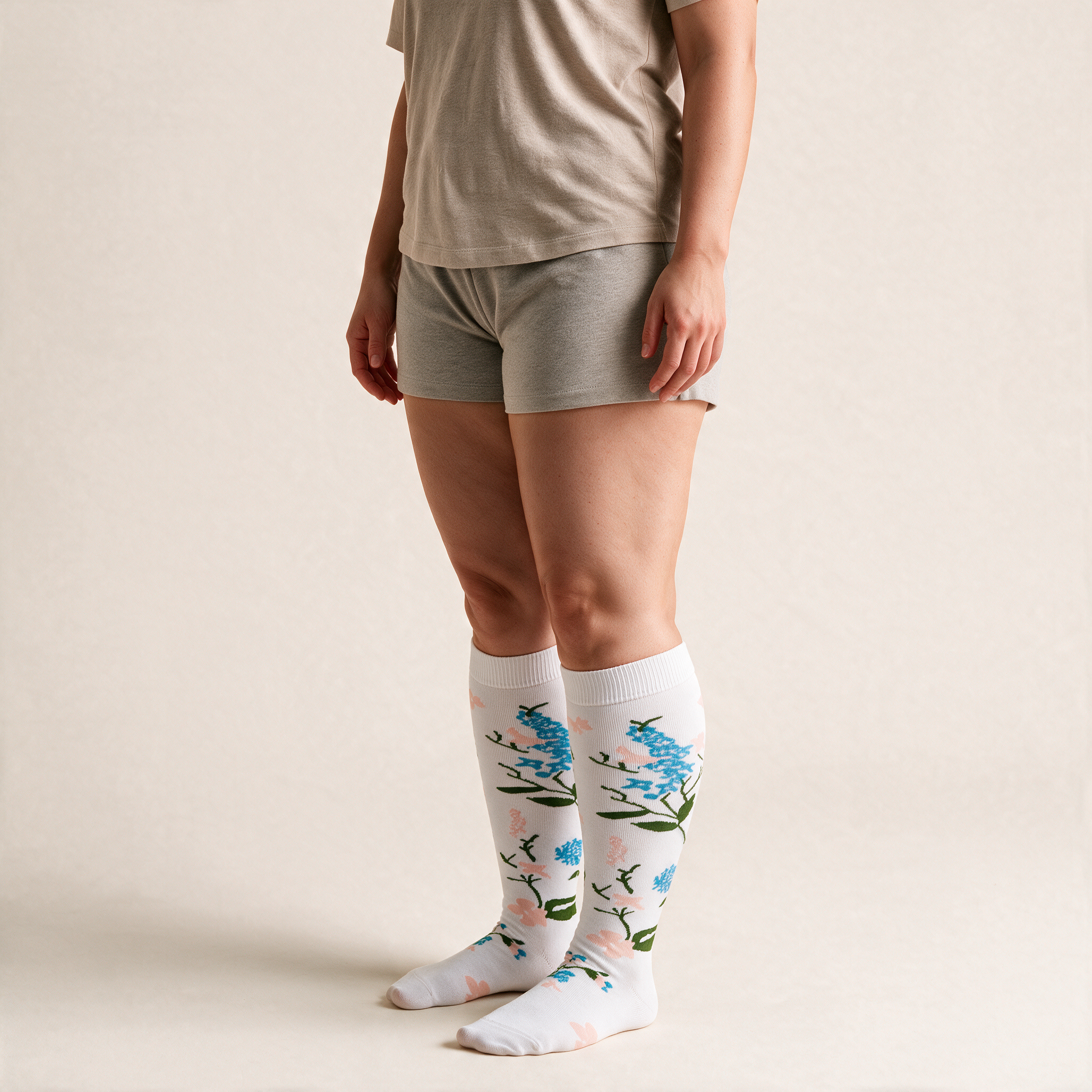 Clinical Compression – Wide Calf: White Bluebell compression sock worn on model