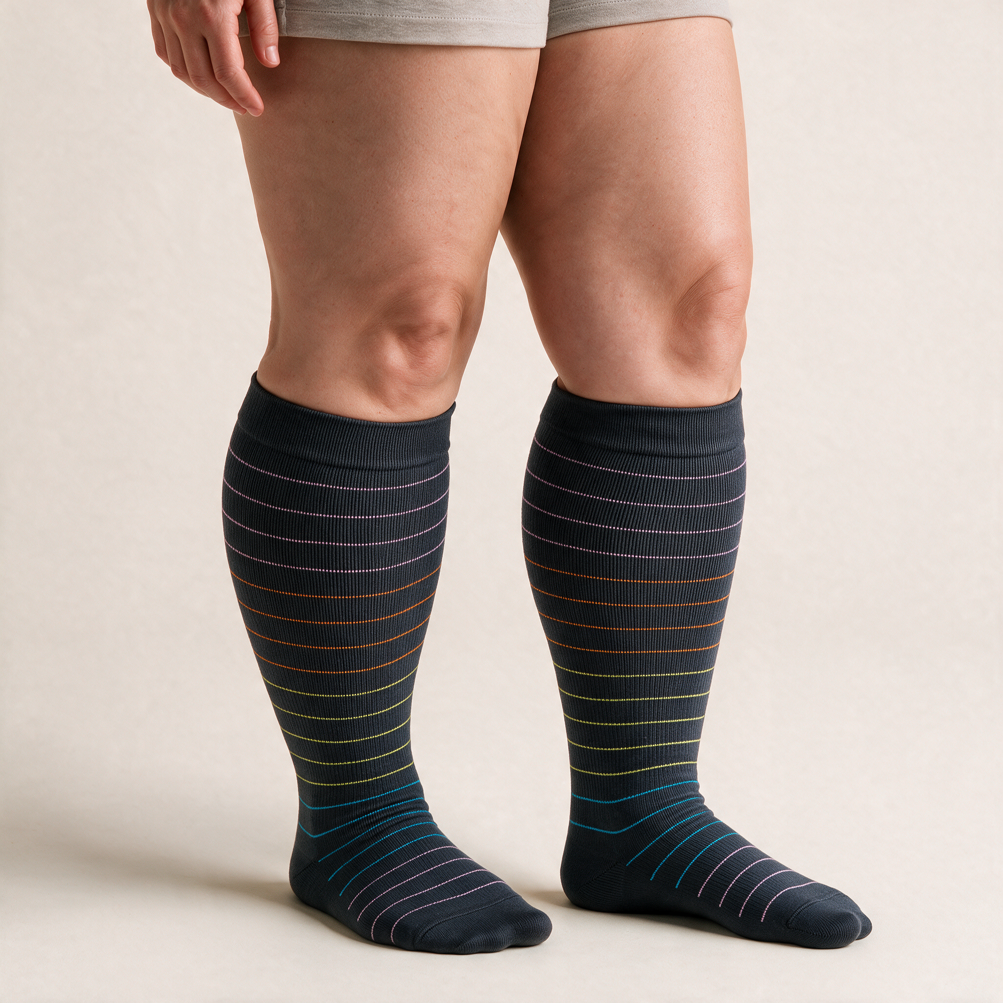 Clinical Compression – Wide Calf: Navy Rainbow Pinstripe compression sock worn on model