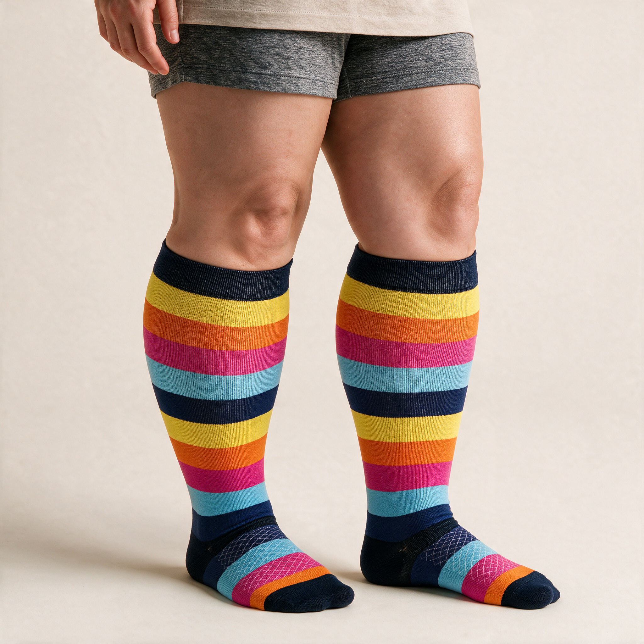 Clinical Compression – Wide Calf: Rainbow Stripe Navy compression sock worn on model