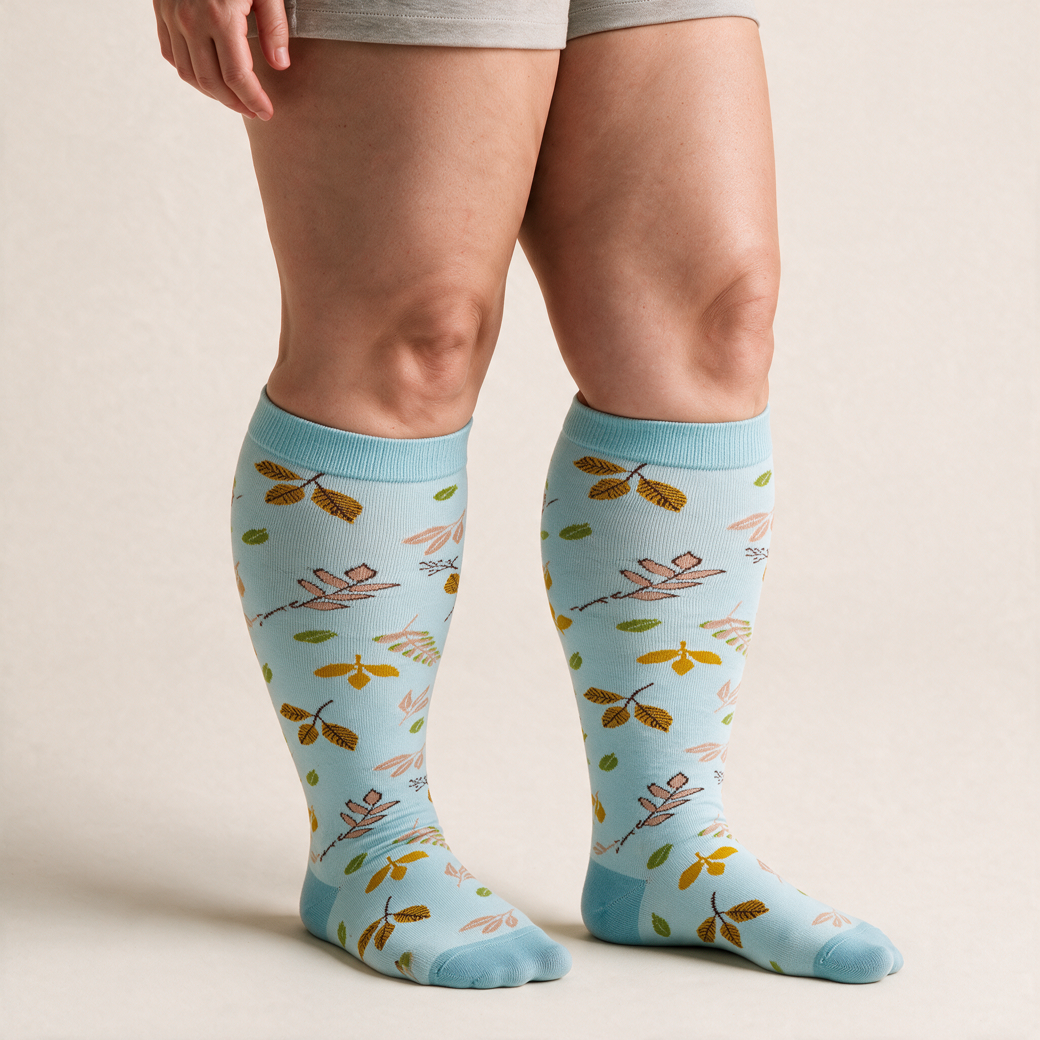 Clinical Compression – Wide Calf: Sparrow and Leaf compression sock worn on model
