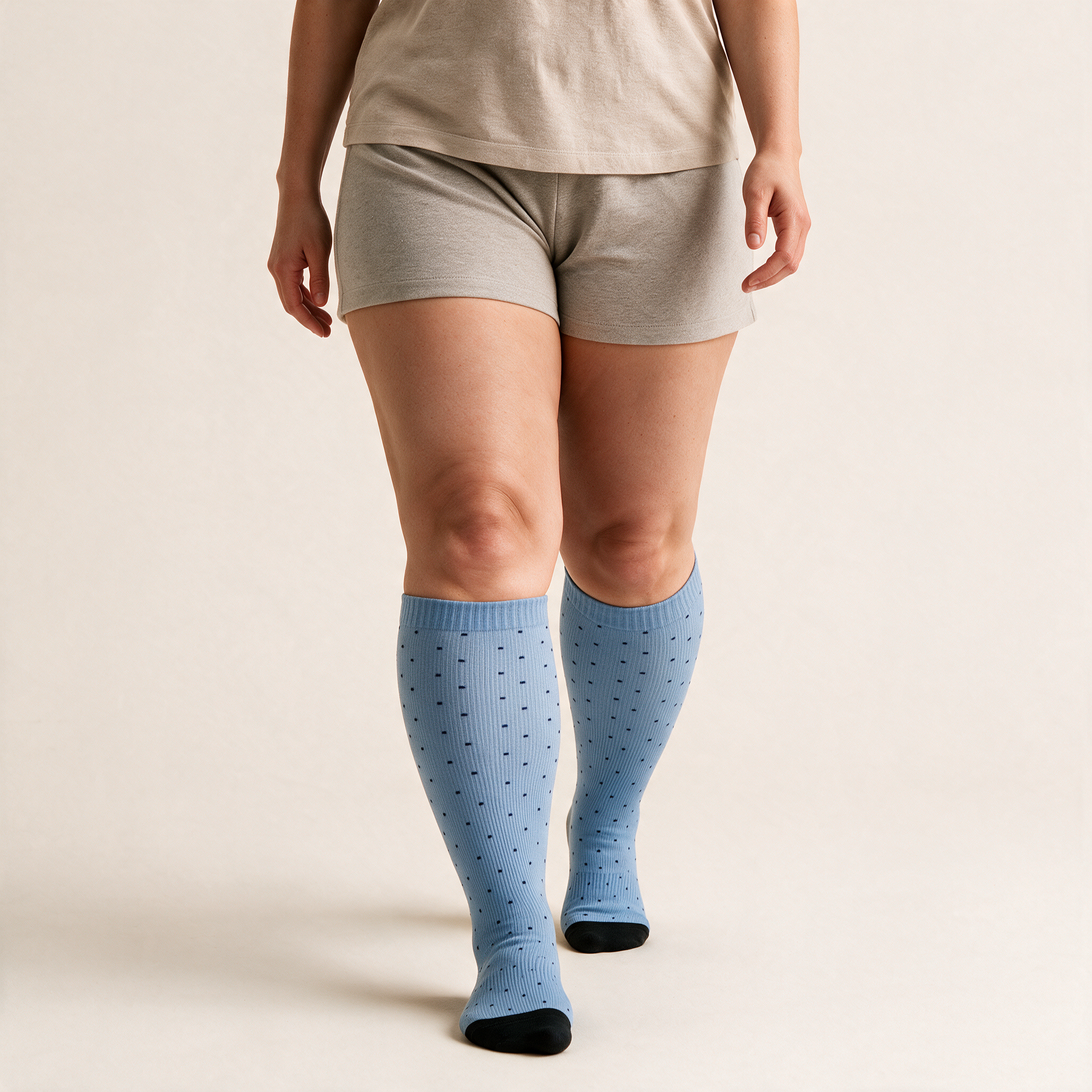 Clinical Compression – Wide Calf: Sky Pin Dot compression sock worn on model