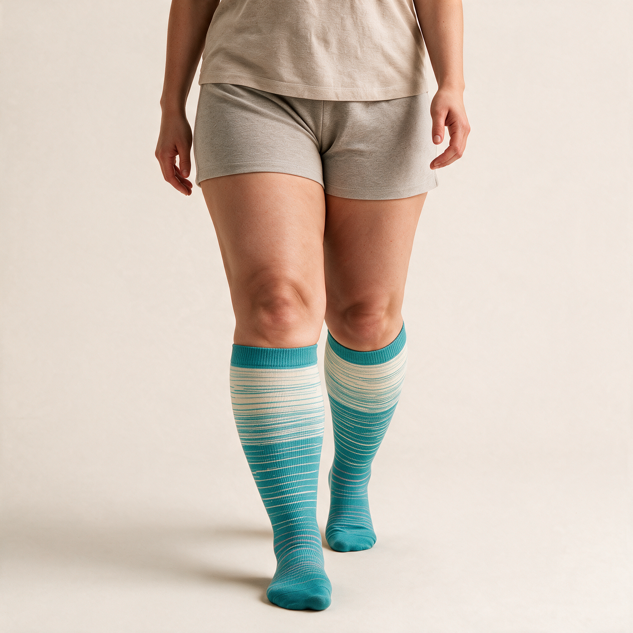 Clinical Compression – Wide Calf: Aqua Cream Stripe compression sock worn on model