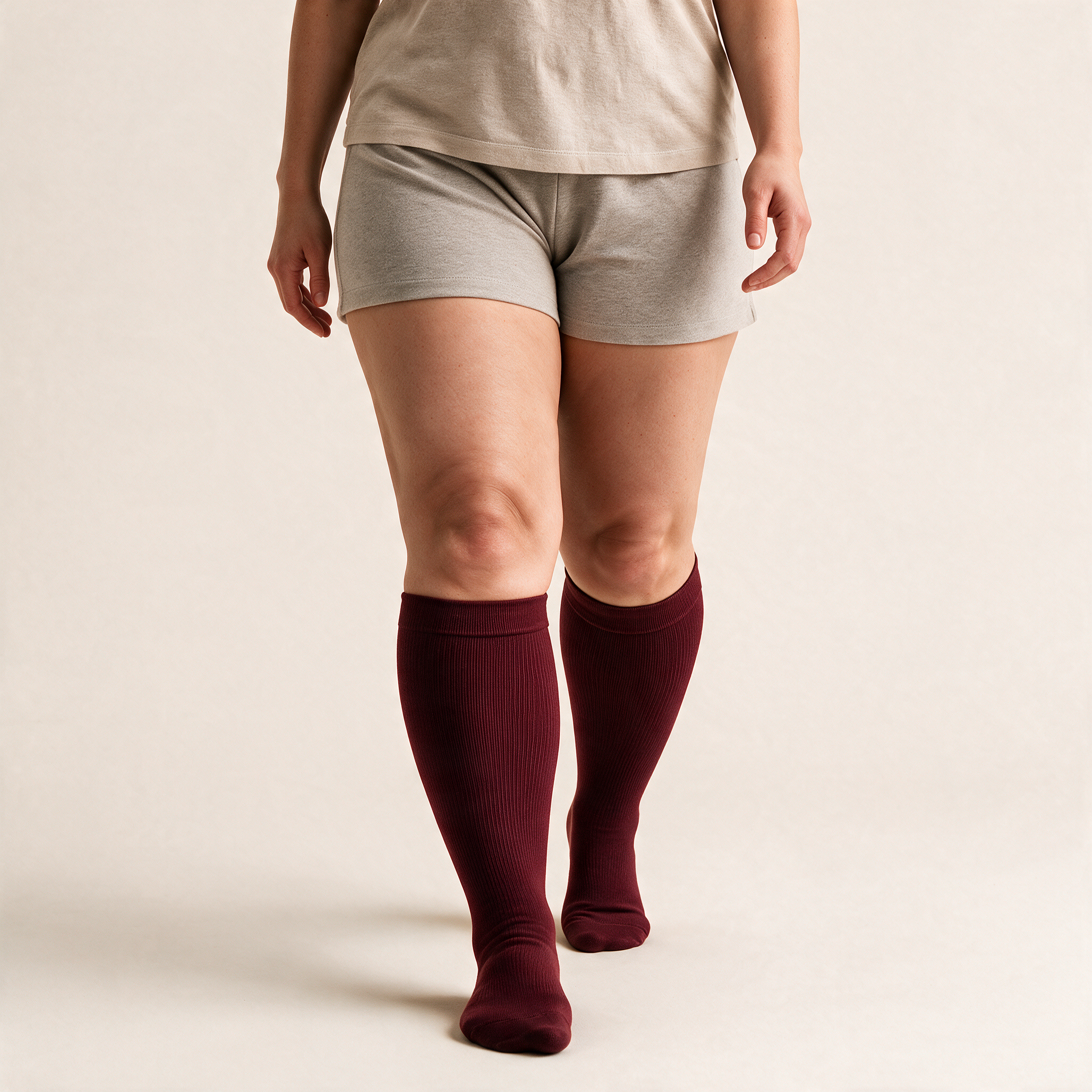 Clinical Compression – Wide Calf: Wine Solid compression sock worn on model