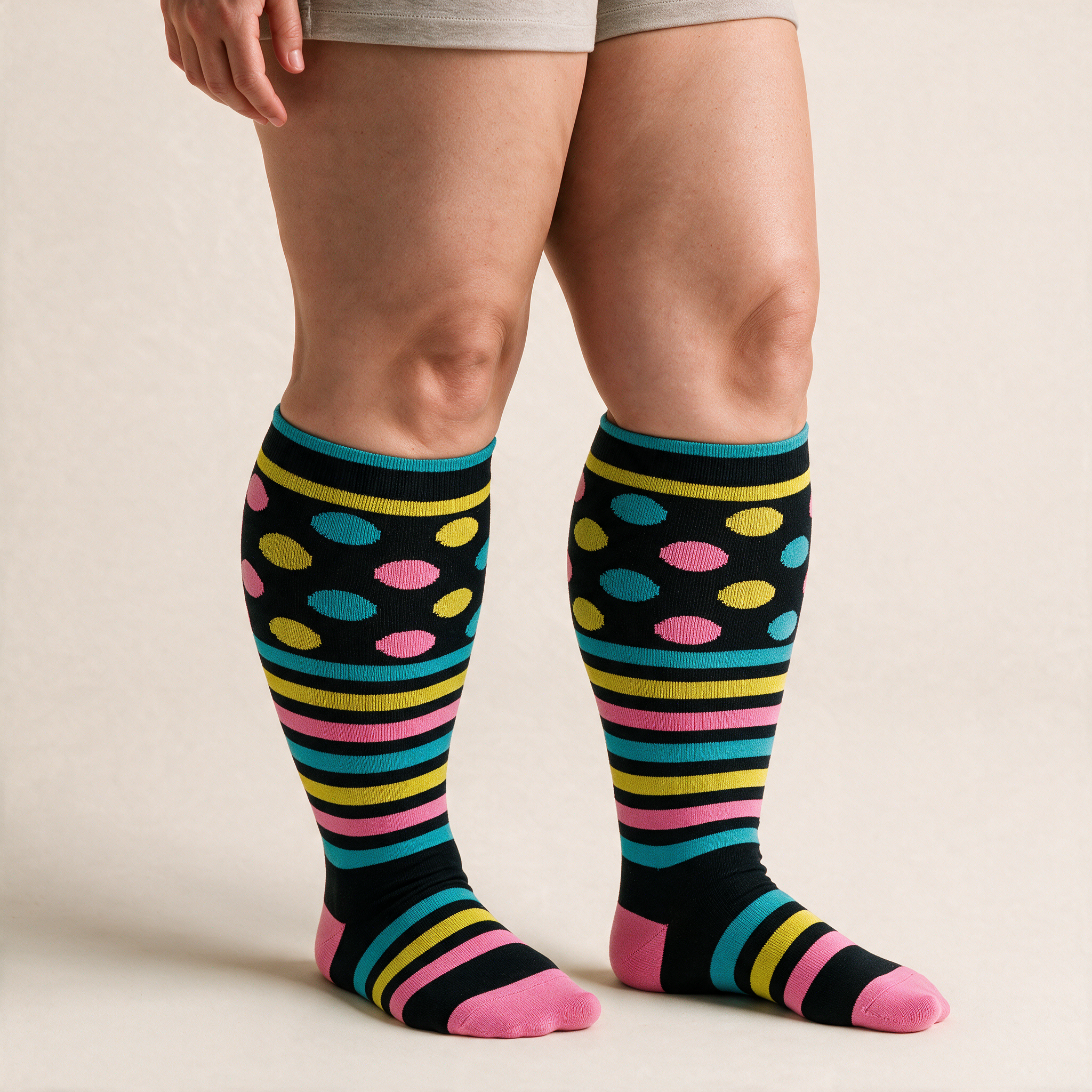 Clinical Compression – Wide Calf: Rainbow Dot Party compression sock worn on model