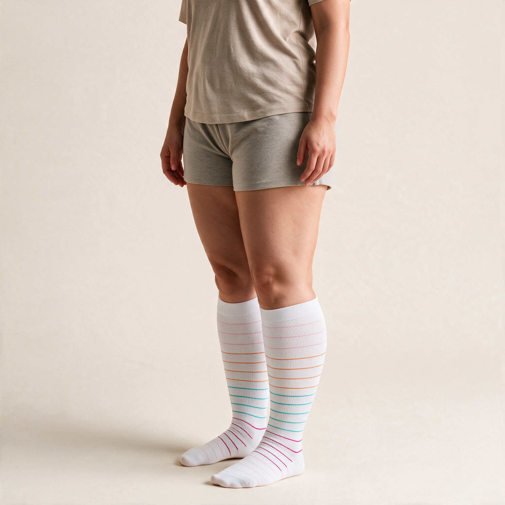 Clinical Compression – Wide Calf: Rainbow Pinstripe White compression sock worn on model
