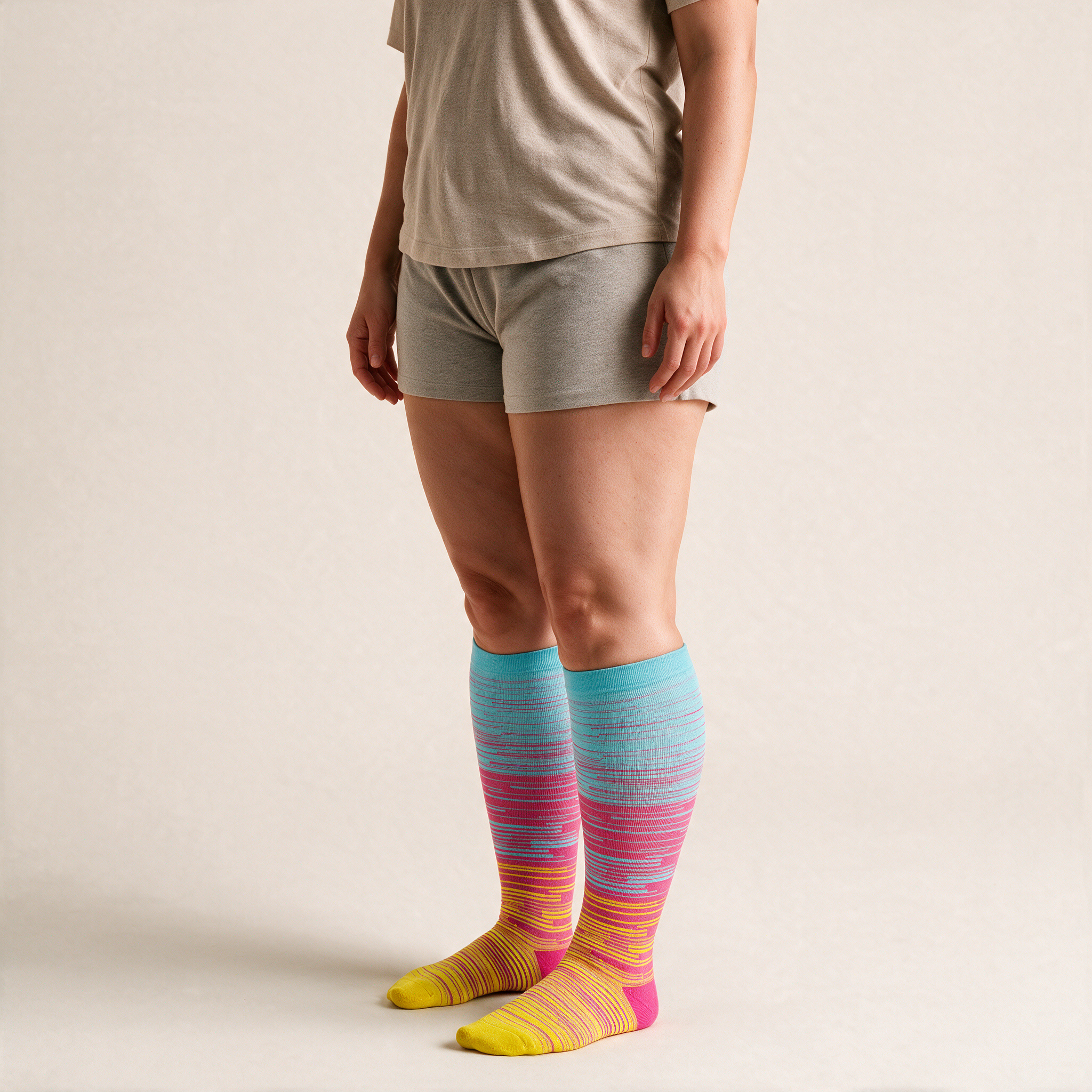 Clinical Compression – Wide Calf: Teal Pink Sunrise compression sock worn on model
