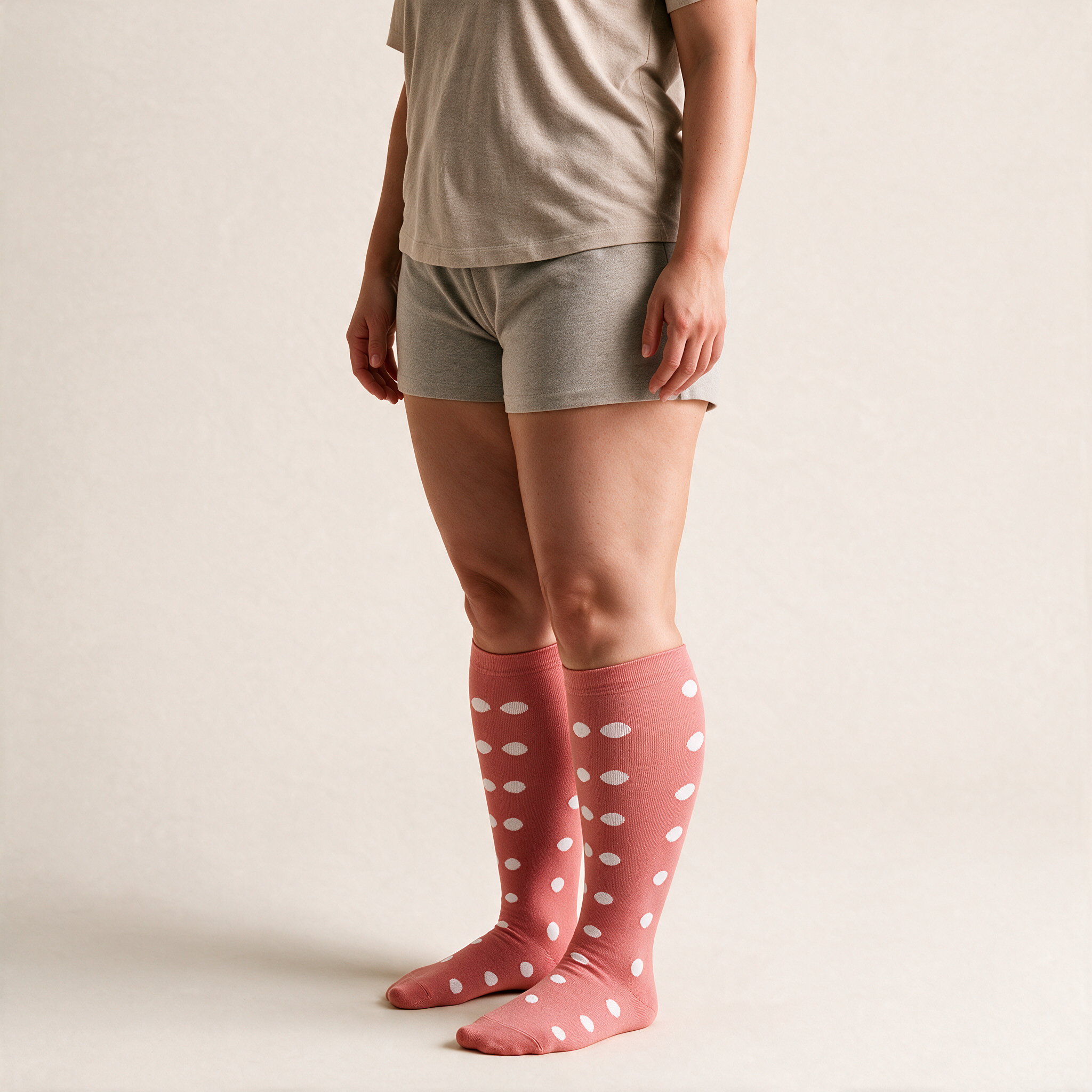 Clinical Compression – Wide Calf: Pink Polka compression sock worn on model