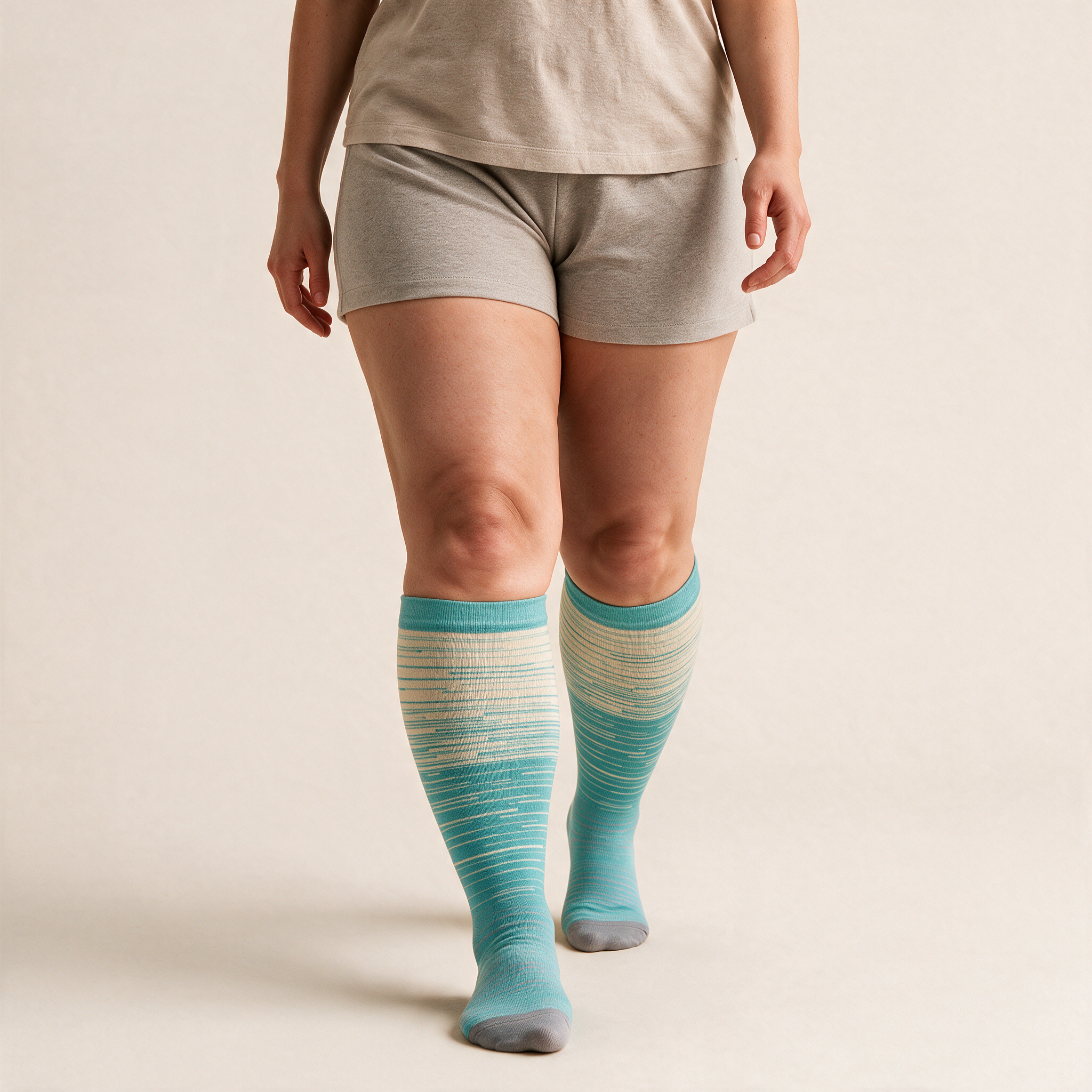 Clinical Compression – Wide Calf: Seafoam Pinstripe compression sock worn on model