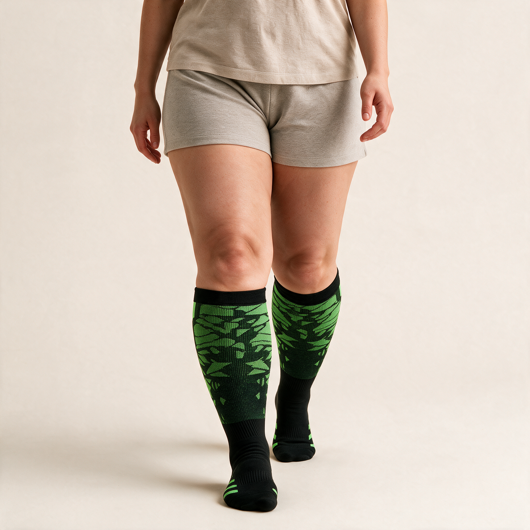 Clinical Compression – Wide Calf: Jungle Static compression sock worn on model