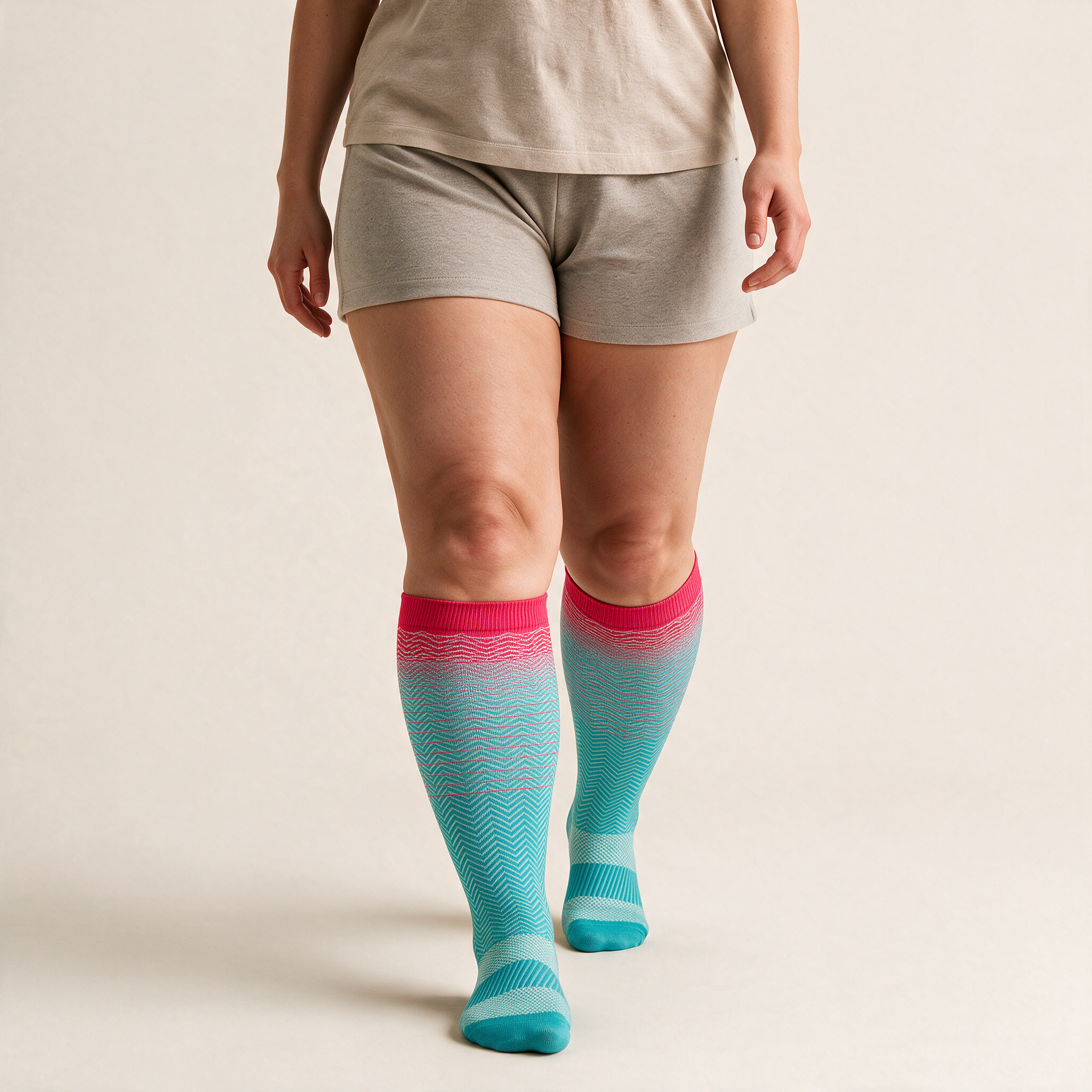 Clinical Compression – Wide Calf: Pink Teal Fade compression sock worn on model