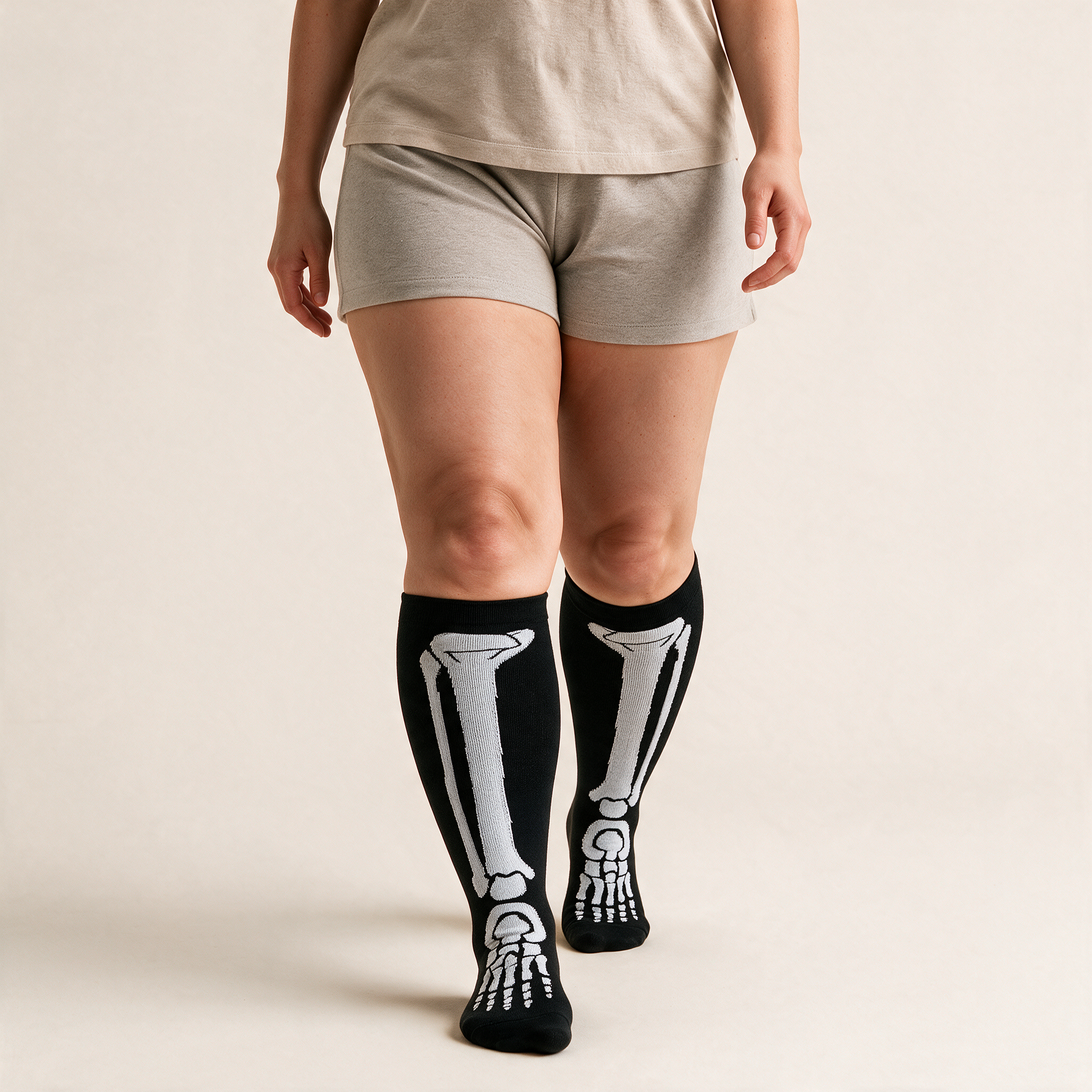 Clinical Compression – Wide Calf: Skeleton Bones compression sock worn on model