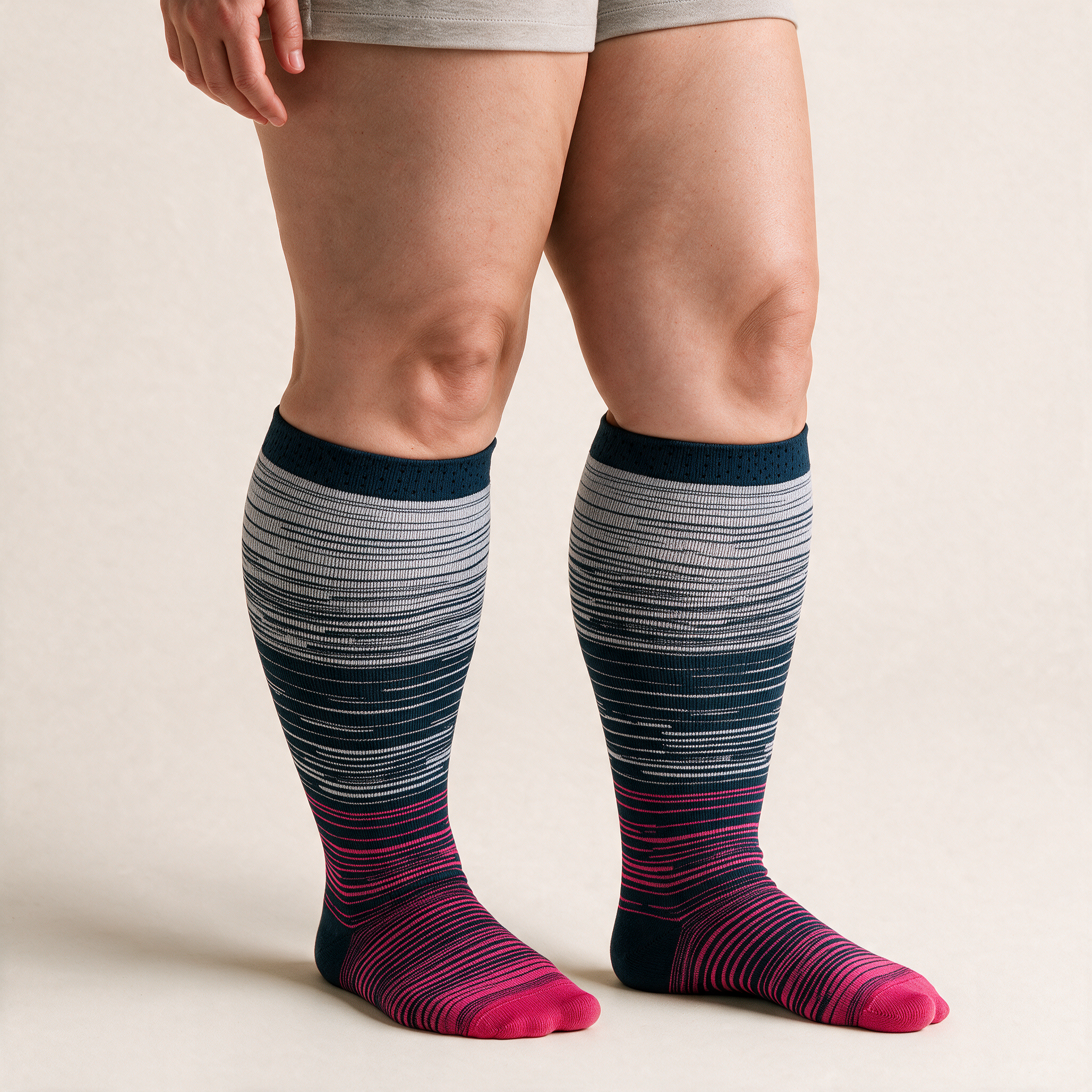 Clinical Compression – Wide Calf: Storm Pink Speckle compression sock worn on model